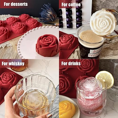 Miniatura 8 de Paquete de 2 moldes de rosas de silicona con 6 cavidades para hornear, moldes de silicona para cubitos de hielo de rosas, moldes de silicona para