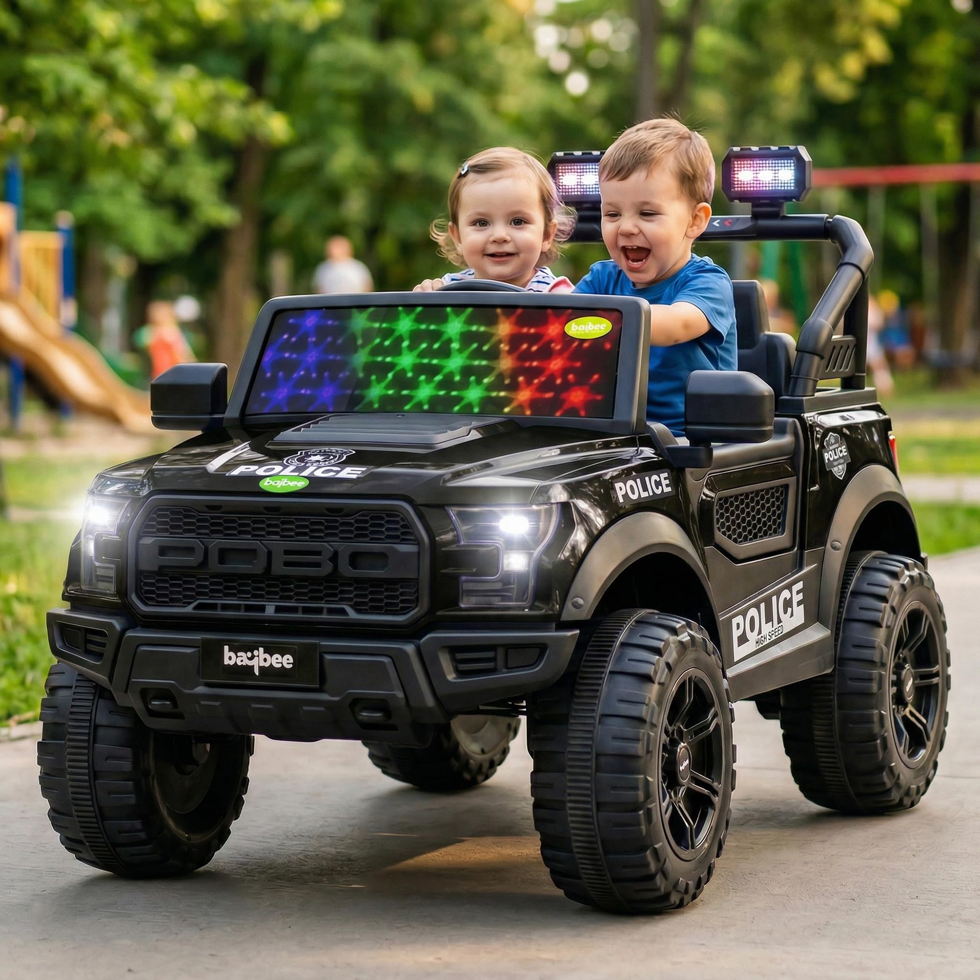 Baybee Bronco Police Edition Baby Battery Operated Jeep for Kids | Ride on Toy Electric Car with LED Lights & Music | Rechargeable Battery Big Cars | Kids Car to Drive 3 to 8 Years (Black)