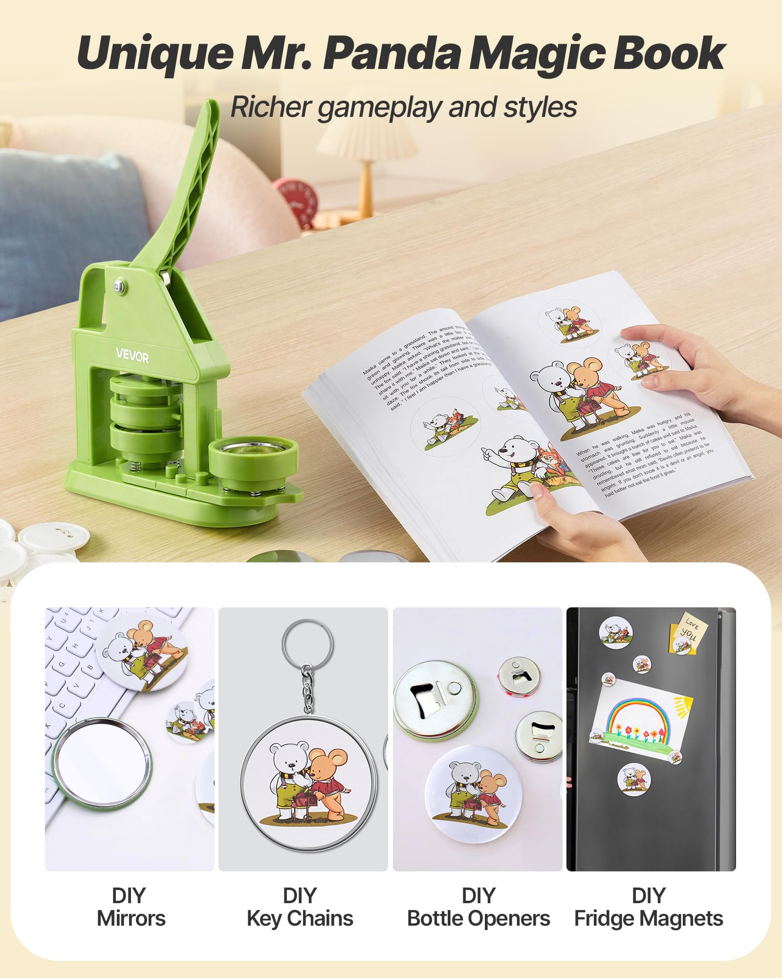 VEVOR Machine à Badge Bouton, 58 mm, Presse à Badges en Plastique avec 100 Kits de Badges, Cutter Circulaire, Clés Hexagonales, Poignée Ergonomique, pour DIY Personnalisation, Enfants et Adultes, Vert