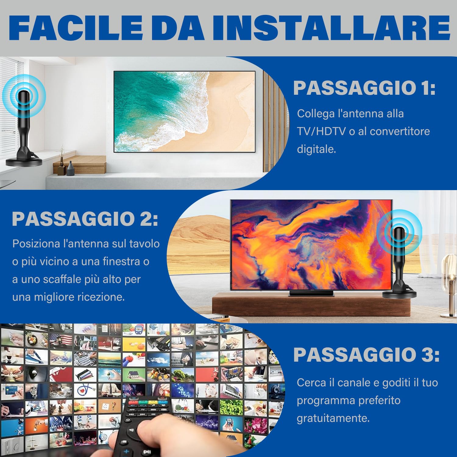 Antenne TV Intérieur Puissante, Nouveau pour 2026 Antenne TNT HD avec Amplificateur de Signal Intelligent, Réception 360° Longue Portée 500km, Compatible pour Toutes Les Chaînes Gratuites