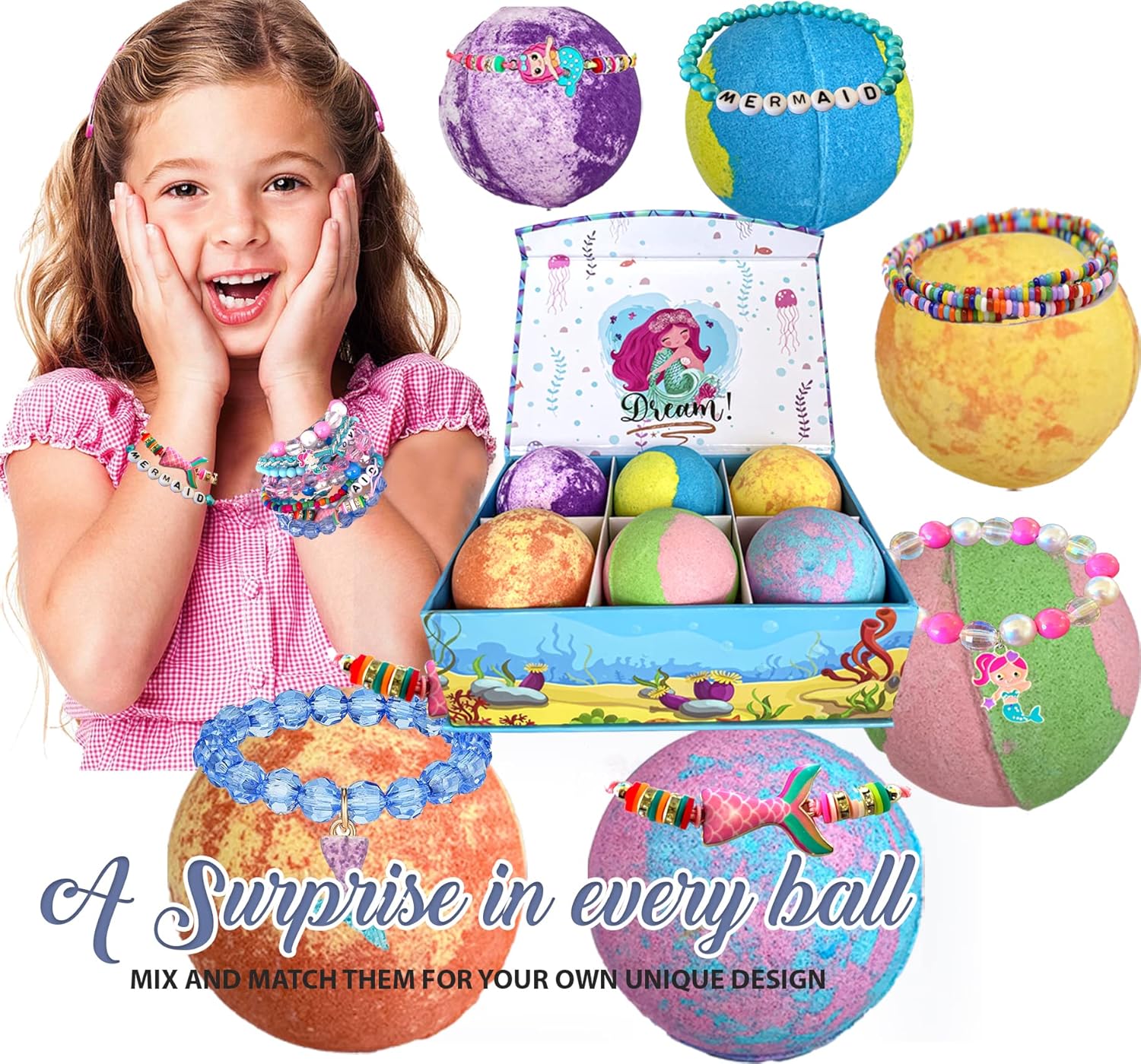 Bath Bombs for Girls with Jewelry Inside - 6 Aromatherapy Bathbombs - Family Pack