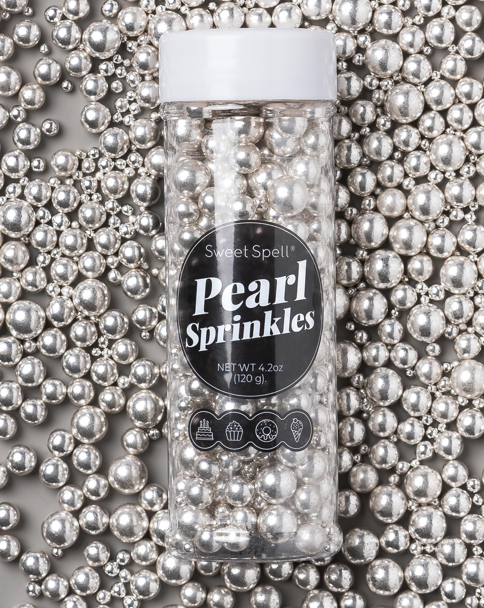 Sweet Spell Silver Pearl Sprinkles for Cake Decorating (120g/ 4.2oz) - Sugar Candy Ball Pearls for Cupcakes, Ice Cream Toppers, and Baking Cake Decoration