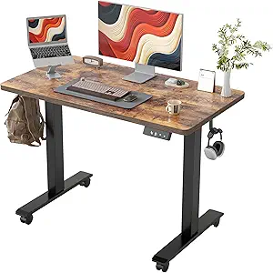 TIQLAB Height Adjustable Electric Standing Desk, 40 x 24 inch, Sit Stand Up Desk, Splice Board, Computer Home Office Desk, Rustic Brown Top