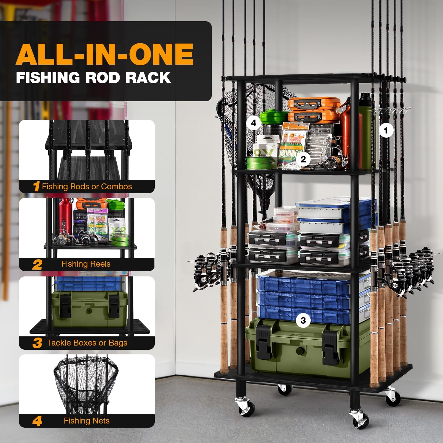 Ghosthorn Fishing Rod Holders for Garage Fishing Pole Rack Hold up to 10 Rods Fishing Pole Holders Wooden Organizer Fishing Rod Rack car Fishing Gear Storage Equipment (Black, 4 Tier)