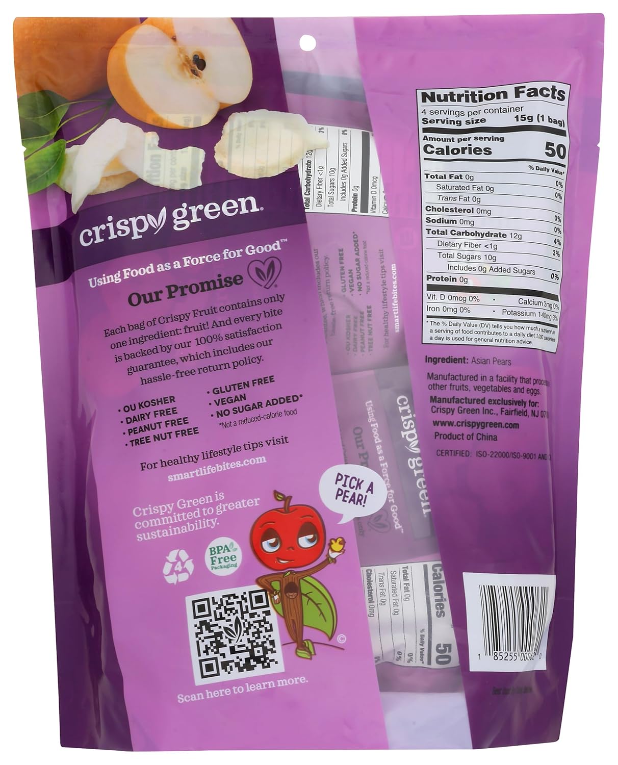 Crispy Green All Pear 100% Freeze-Dried Pear, No Added Sugar, Vegan Friendly, Kosher, Gluten Free & Non-GMO, 2.12 Ounce (Pack of 8)