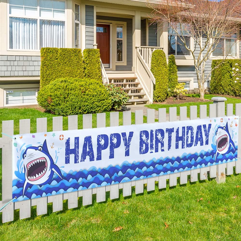 WERNNSAI Shark Large Happy Birthday Banner - 19” x 118” Big Yard Sign Blue Ocean Theme Party Supplies Outdoor Decorations Photo Background for Boys