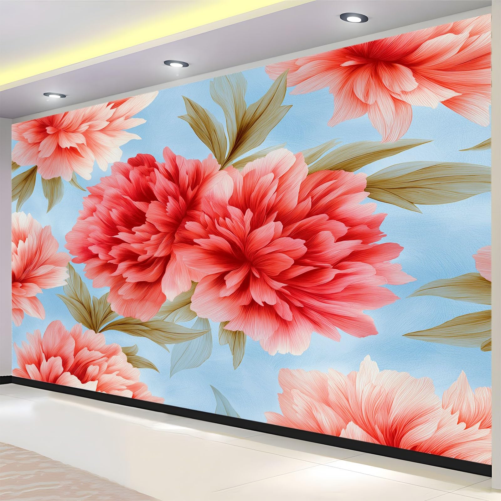 Generico Jasnoniebieska panoramiczna tapeta, elegancka kwiatowa różowa piwonia niestandardowe fototapety 350 x 256 cm (szer. x wys.) - dekoracje do salonu i sypialni