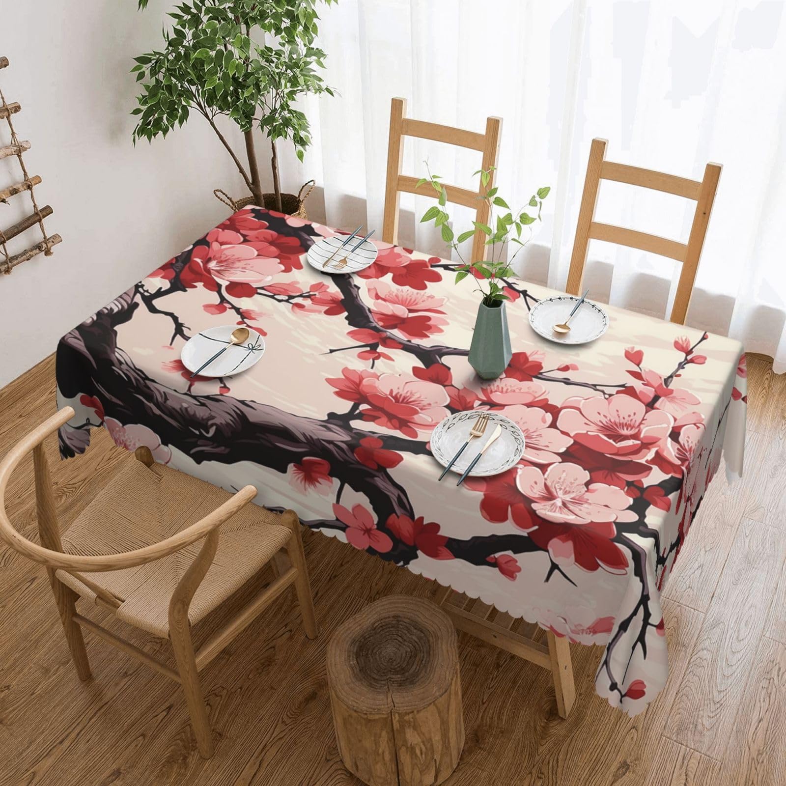 Japanese Floral Cherry Blossom Tablecloths for Rectangle Tables 54 x 72 Inch - Reusable Washable Dining Table Clothes - Stain and Wrinkle Resistant Decorative Fabric Table Cover for Wedding Party