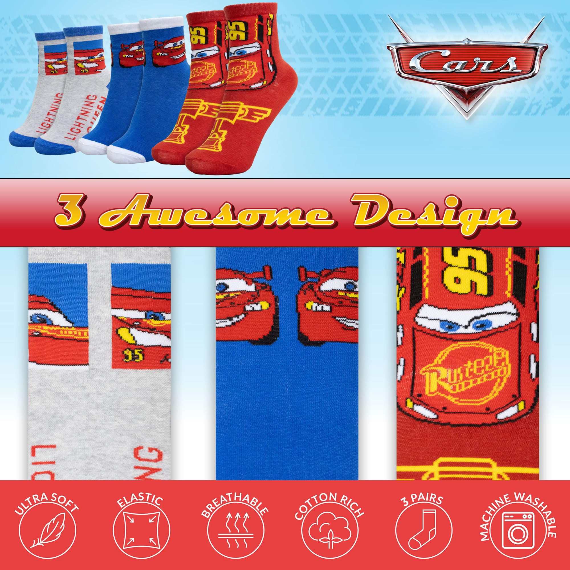 Disney Chaussettes enfant Cars Saetta set 3 paires de chaussettes en coton enfant 7115