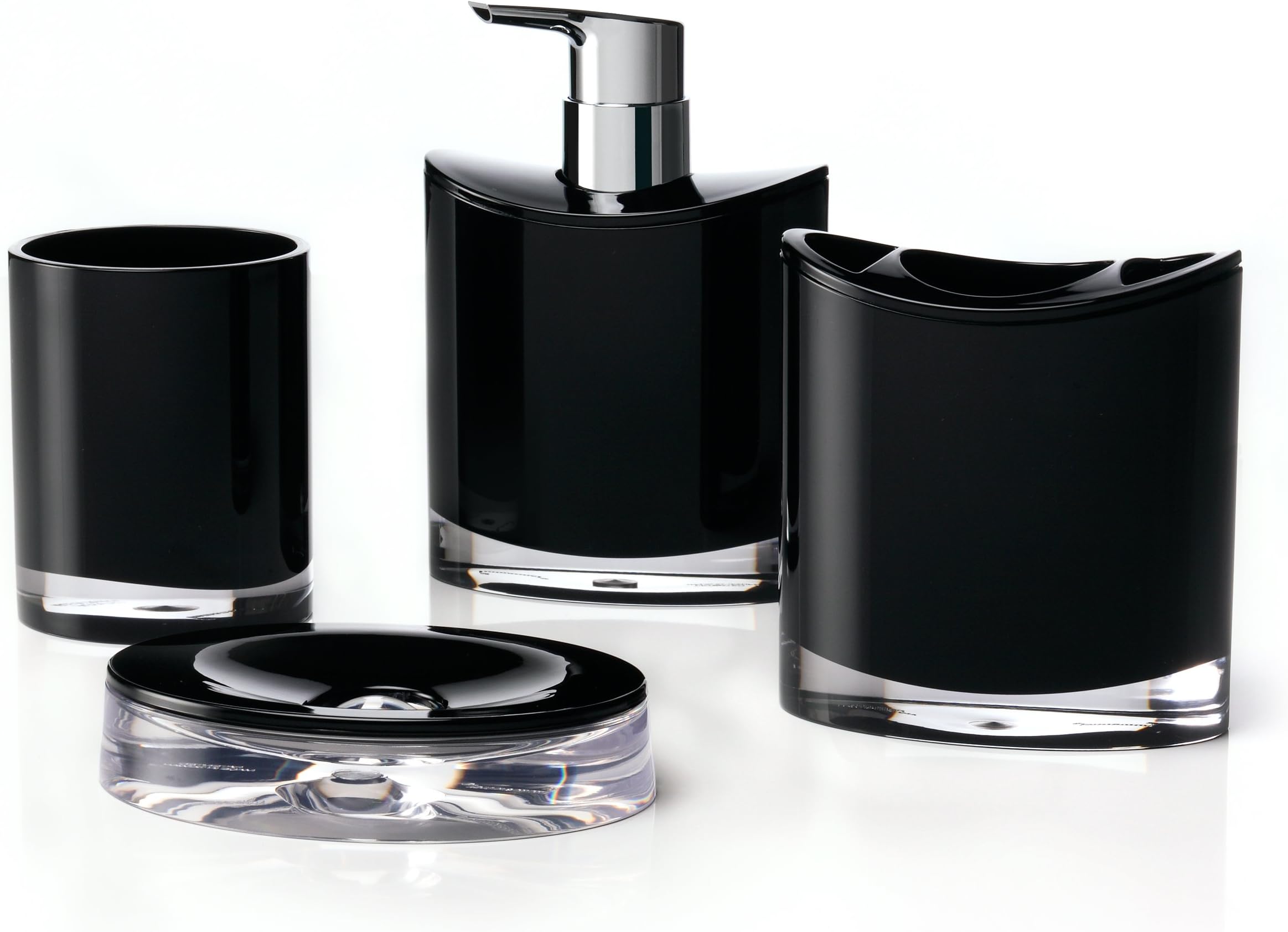IMMANUEL Optic Designer 4-Piece Modern Black Bathroom Accessory Ensemble Set (Tumbler, Toothbrush Holder, Lotion Dispenser and Soap Dish Included), Scratch Resistant Solid Acrylic Bath Organizer