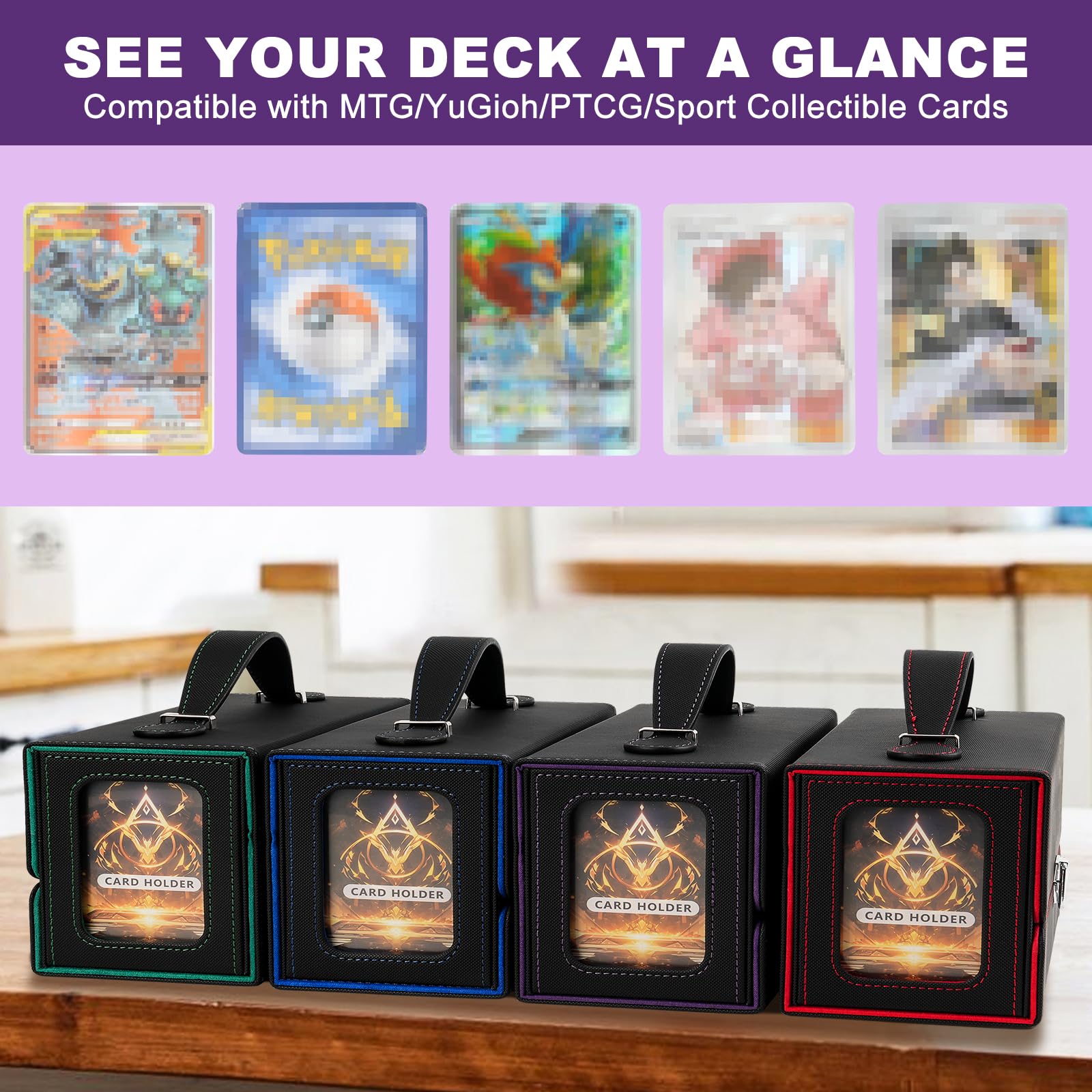 Deck Box MTG / TCG 3-en-1 – Boîte de Rangement Cartes 200+ Double Sleeves, 2 Deck Box avec Plateau à Dés et Fenêtre Commandant, Porte Cartes à Collectionner en Cuir PU Magnétique, noir et violet