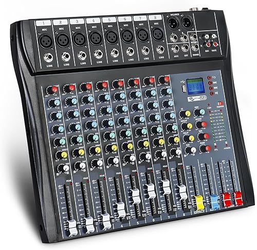 Mezclador de audio de 8 canales, mezclador de DJ profesional, tablero de sonido, efecto de retardo de reverberación, interfaz de audio USB, 48 V,