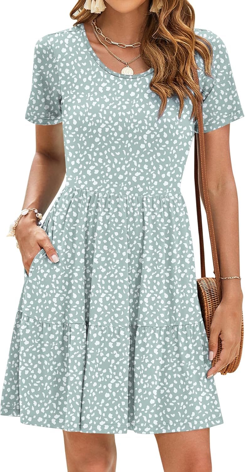 AUSELILY Damen Kurzarm Sommerkleider Knielange Kleider Empire-Stil Freizeitkleid Kurze Strandkleider Rüschensaum Minikleid mit Taschen