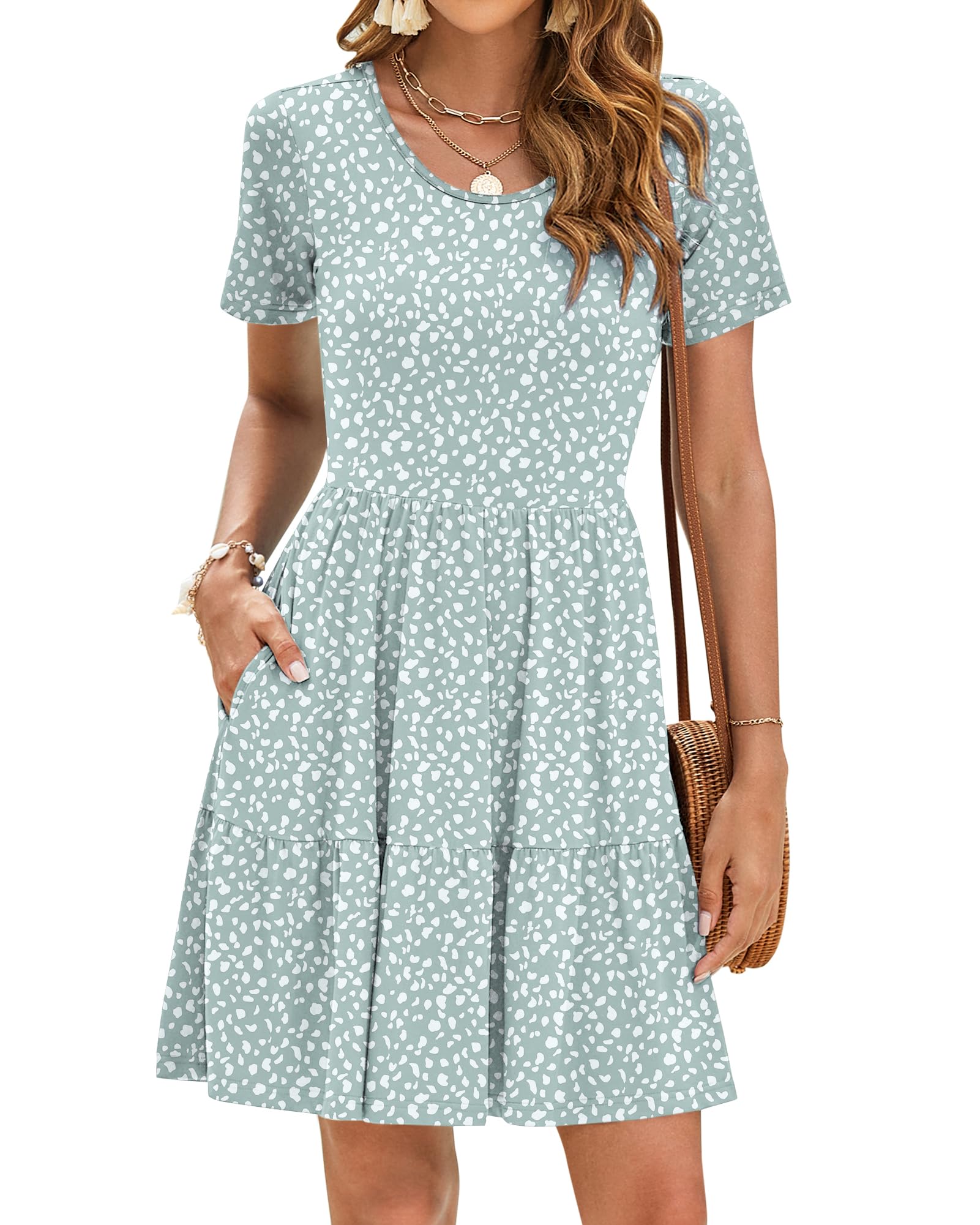 AUSELILY Women's Short Sleeve Summer Dresses Knee-Length Dresses Empire Style Casual Dress Short Beach Dresses Ruffle Hem Mini Dress with Pockets