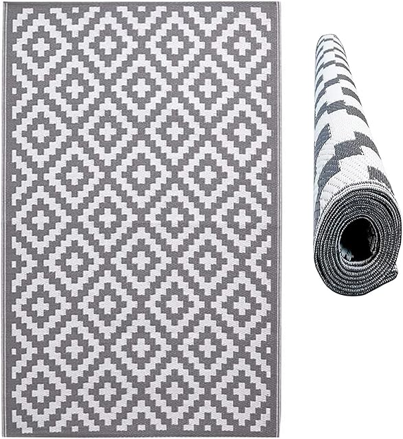 GBS Lightweight Reversible Portable Rug - Modern Stain Water Resistant Non Fading Plastic Mat - Perfect For Summer Garden Patio Picnic Deck Beach - Indoor/Outdoor (Grey, 120 x 180 cm)