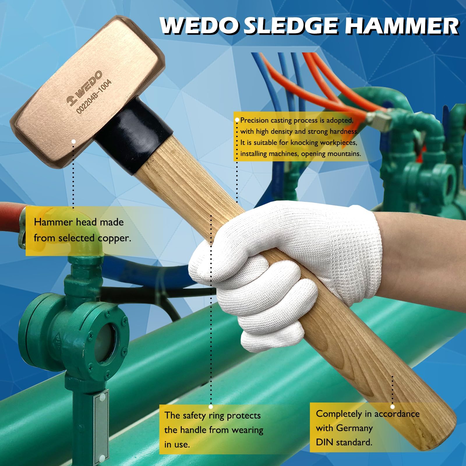 WEDO CO2204B Massette avec manche en bois Tête de marteau en cuivre 300 mm Poids de la tête 500 g