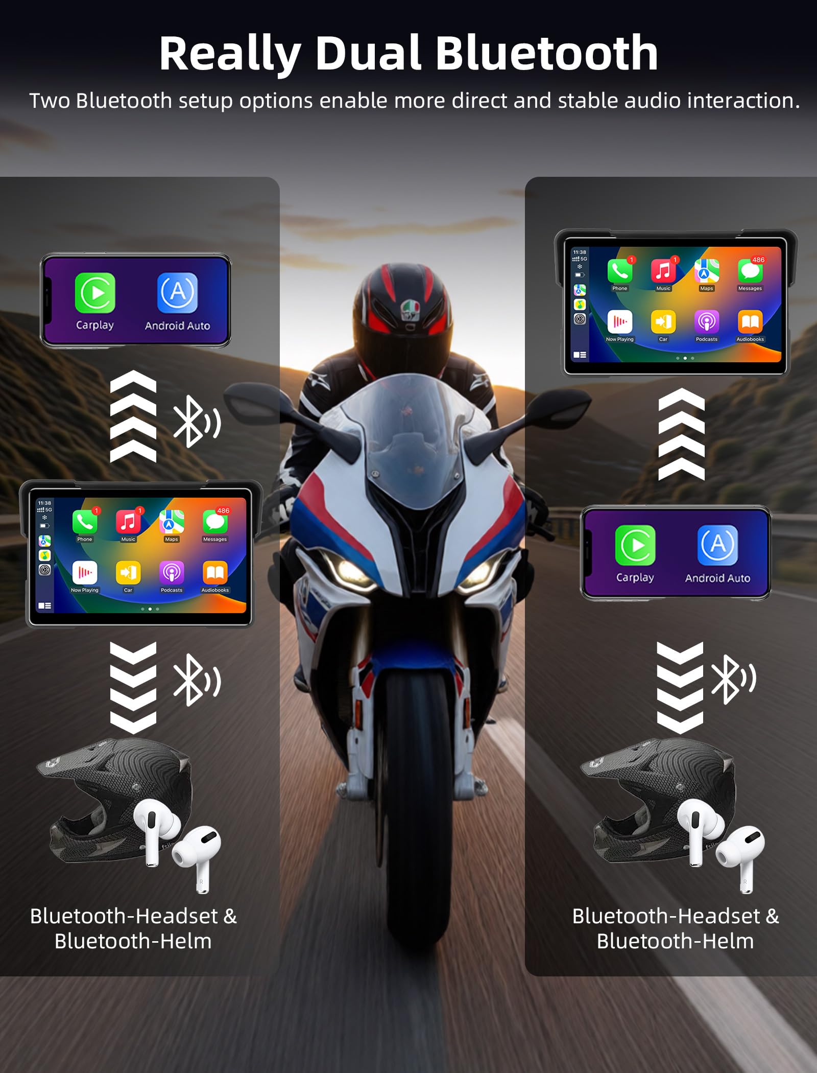 Jansite Carplay Moto da 7 Pollici Navigatore Andrpid Auto Display Impermeabile IPS 2.5D Bluetooth Siri/Assistente Google