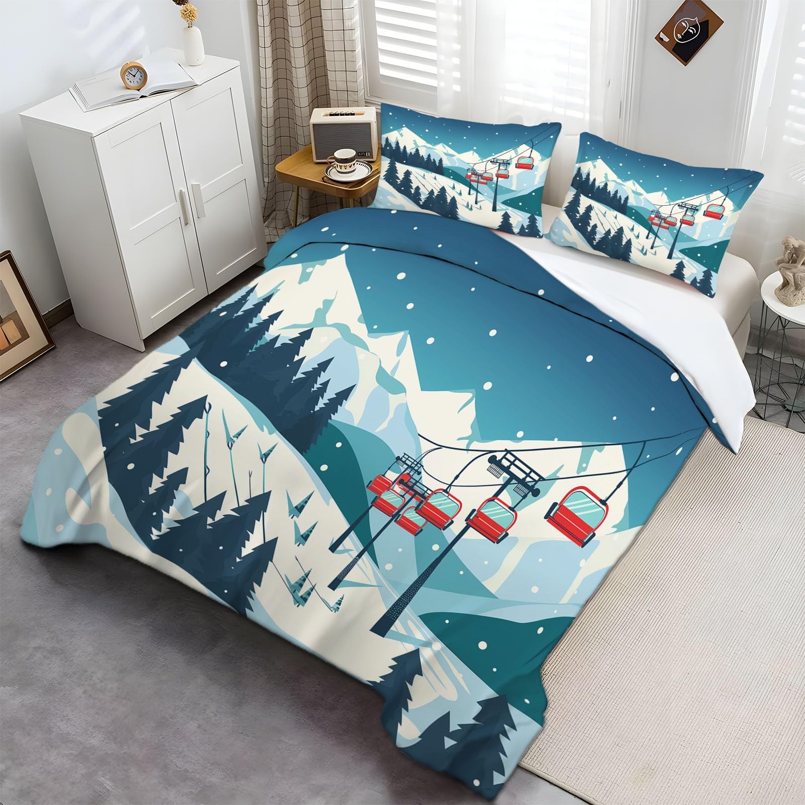 Snow Mountain Pine, komplet pościeli, 220 x 240 cm, niebieska pościel, miękka mikrofibra, dla alergików, 3-częściowy, poszwa na kołdrę z zamkiem błyskawicznym, dla nastolatków i dorosłych