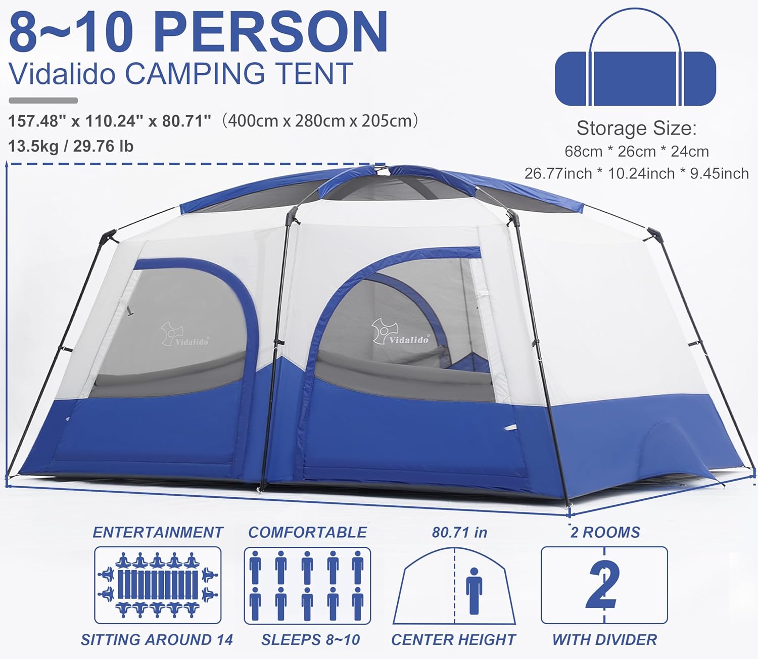 Vidalido Tents，8-10 Person Camping Tent with Extended Vestibule，2 Room Weather Resistant Family Tents，Easy Install Waterproof Outdoor Tent for Camping Hiking