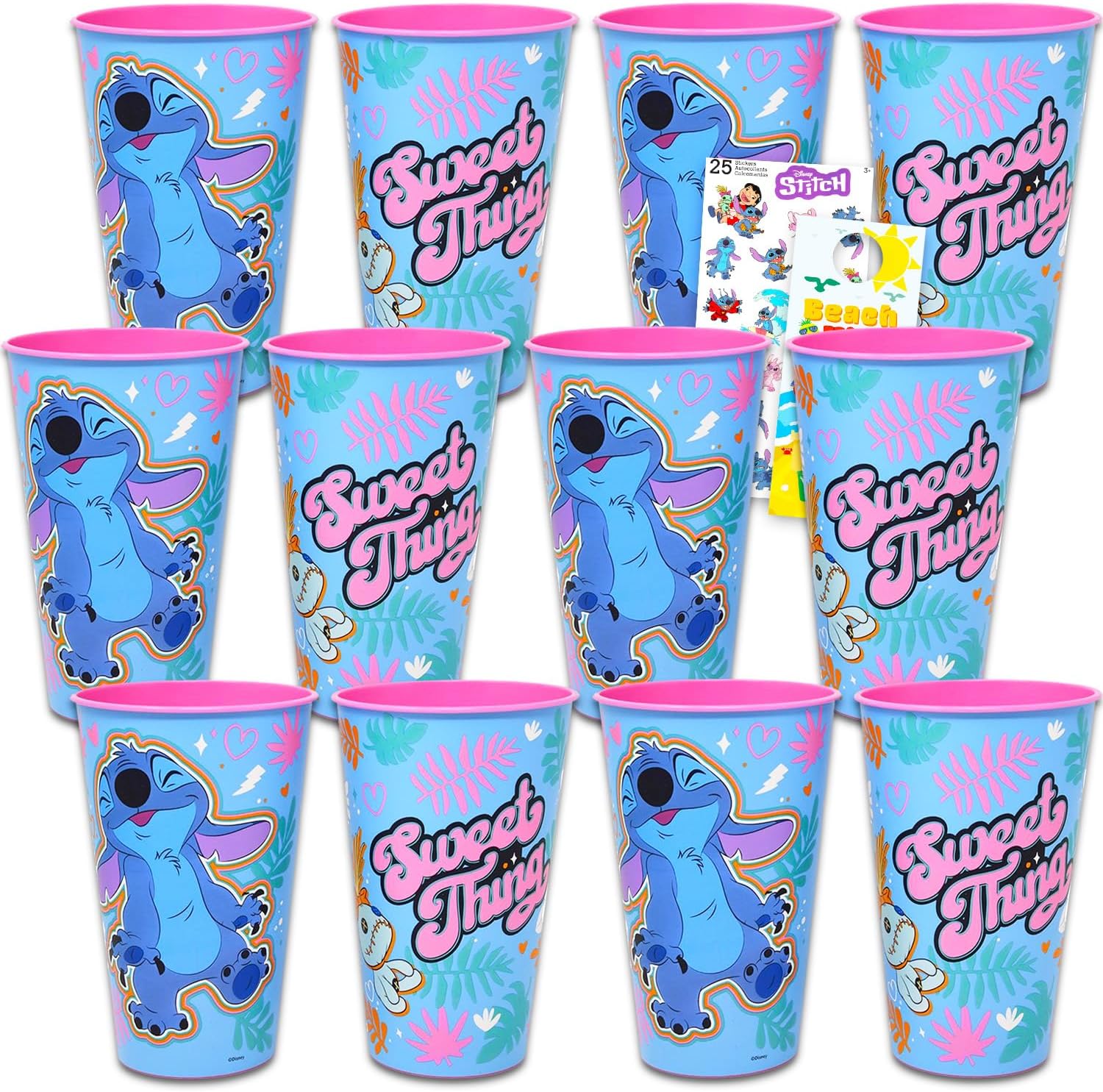 Disney Stitch Reusable Tumbler Cup Pack Party Favor Bundle with 24 Oz 12 Cups Plus Stickers, More | Lilo and Stitch Water Tumblers for Girls, Boys