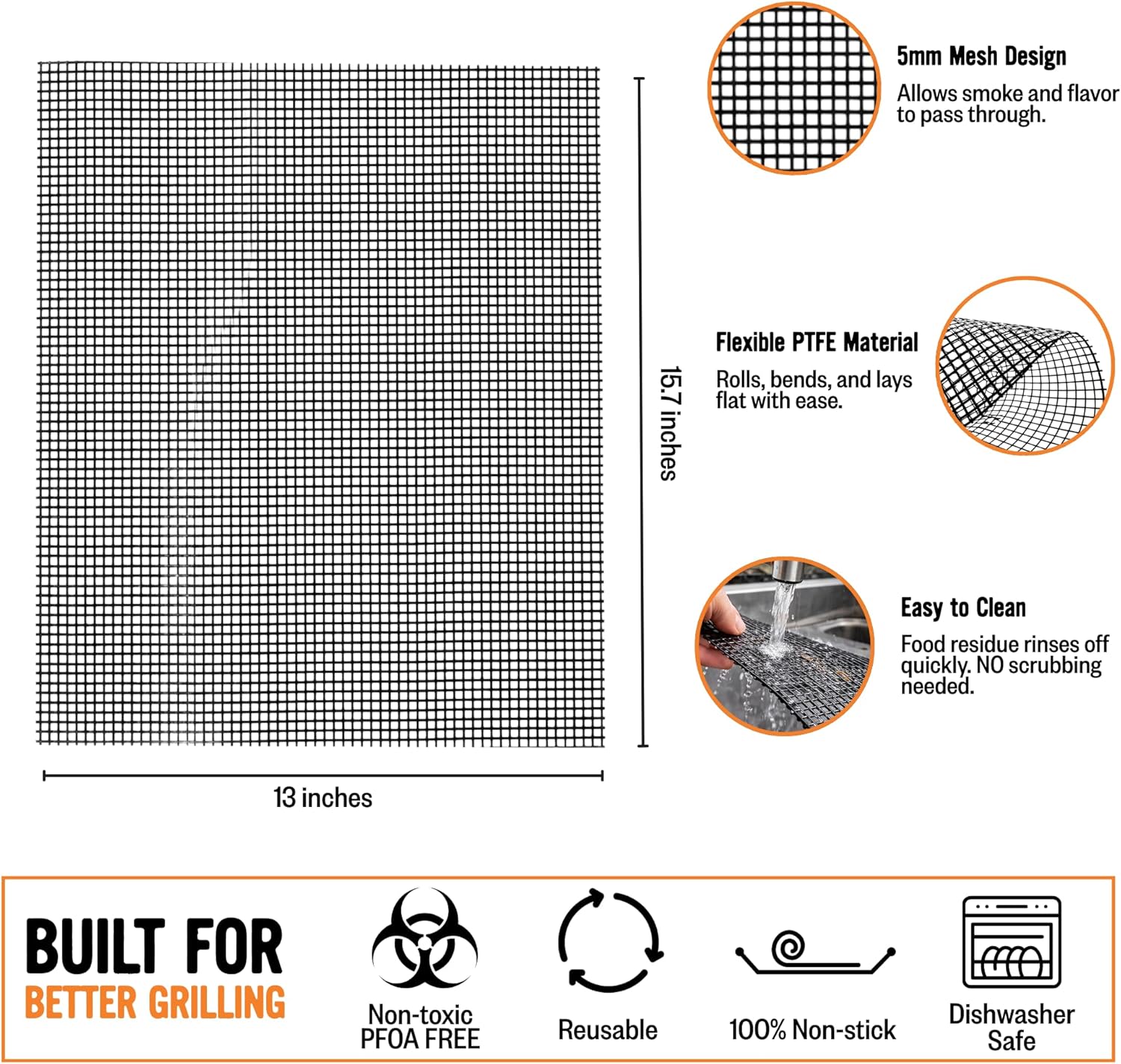 Kosmos Q Grill Mat, Reusable Mesh for Grilling, BBQ Mat with PTFE - Fiberglass Coating, Non Stick, Safe Up to 500°F, Easy to Clean, Dishwasher Safe Grill Accessory for Gas, Charcoal, 15.7" x 13"