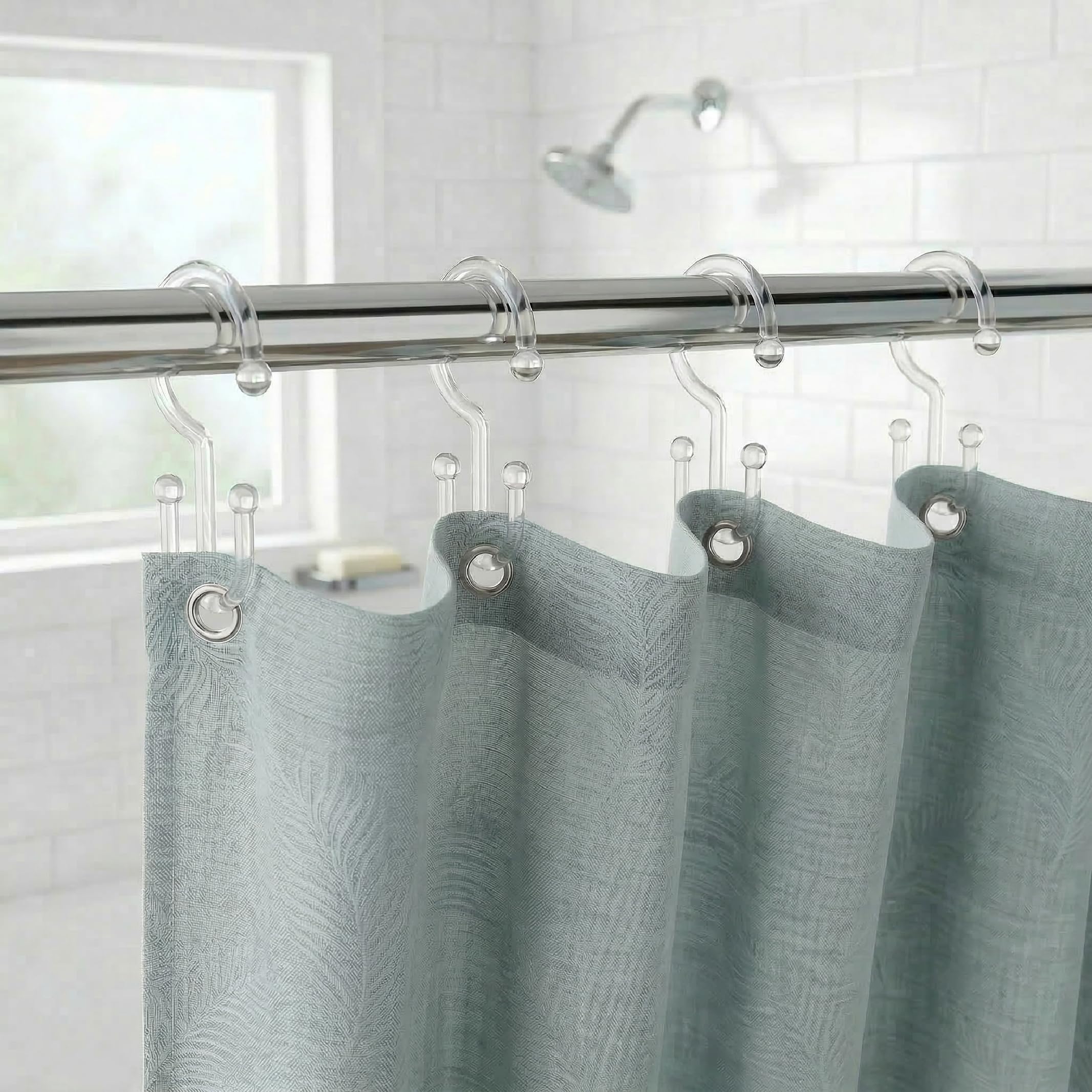 Bathway Ganci doppi in plastica per tenda da doccia, 12 ganci per tenda da doccia, scorrimento liscio, facili da usare, anelli multifunzionali per tenda da doccia, trasparenti