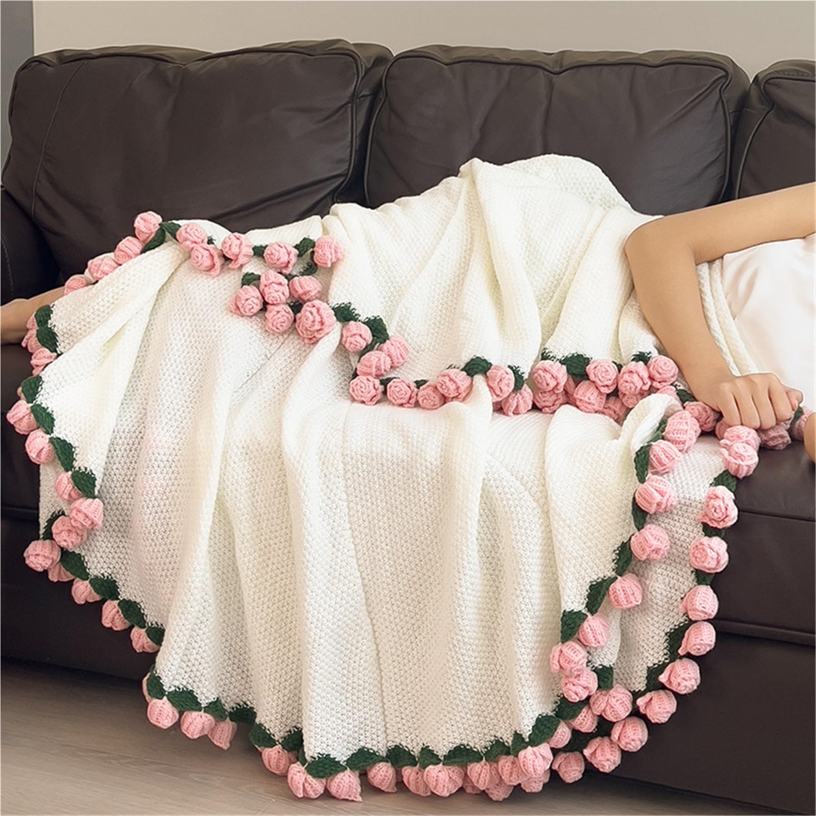 FRZXBKW Flower Bouquet Blanket, Crochet Rose Blanket, Handmade, 4 Colors and 4 Sizes Flower Bouquet Blankets, for Mother's Day Birthday Home Decor(Pink,160cm/63in-99flowers)