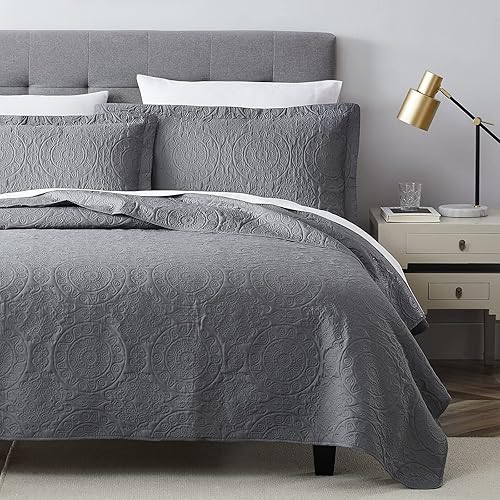 Shanghan Home Juego de edredón gris, juego de edredón suave de 3 piezas tamaño King para todas las estaciones, juego de ropa de cama ligero con