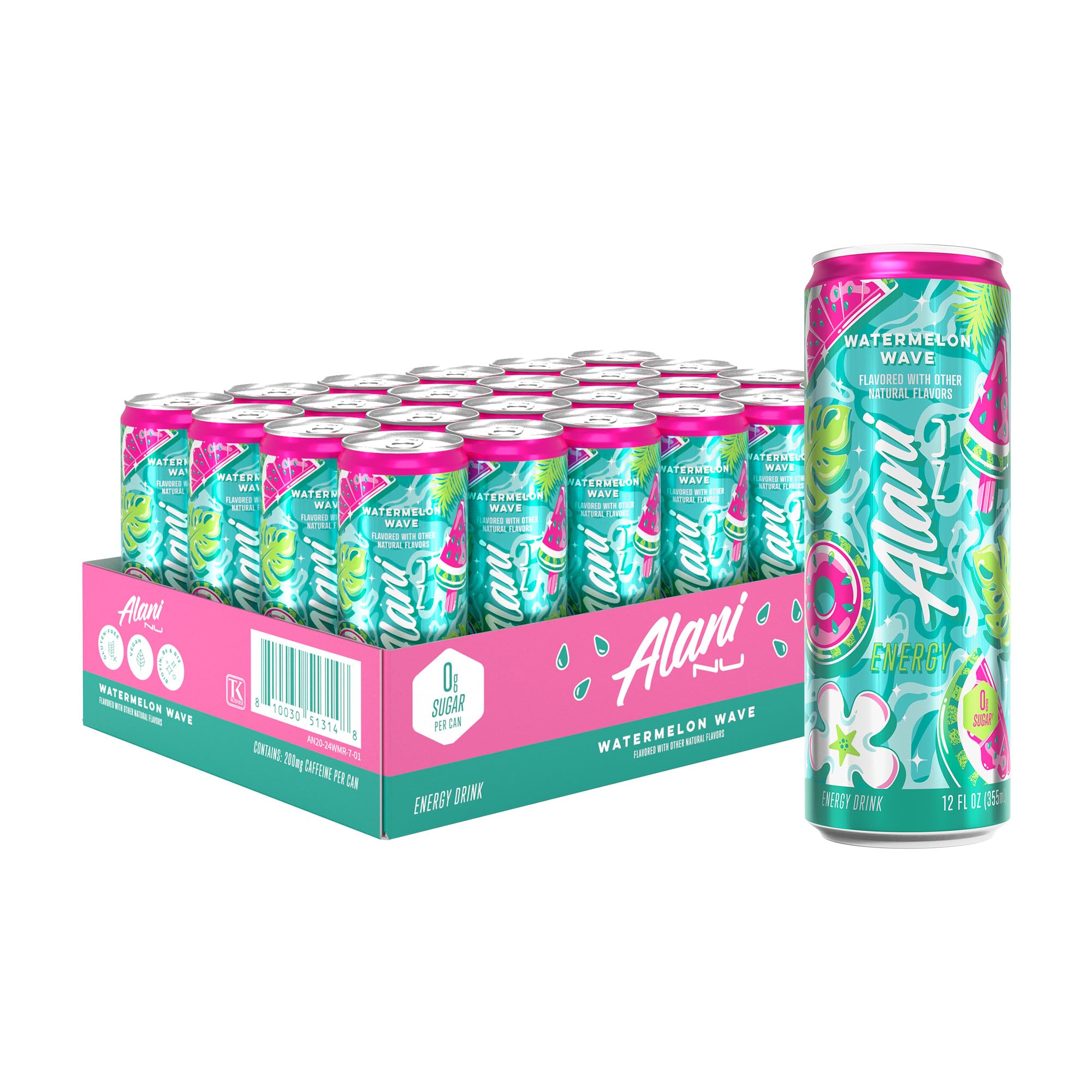 Alani NuWATERMELON WAVE, Sugar Free, Low Calorie Energy Drinks, 200mg Caffeine, Biotin, B Vitamins, Zero Sugar, 10 Calories, 12 Fl Oz Cans, 24 Pack
