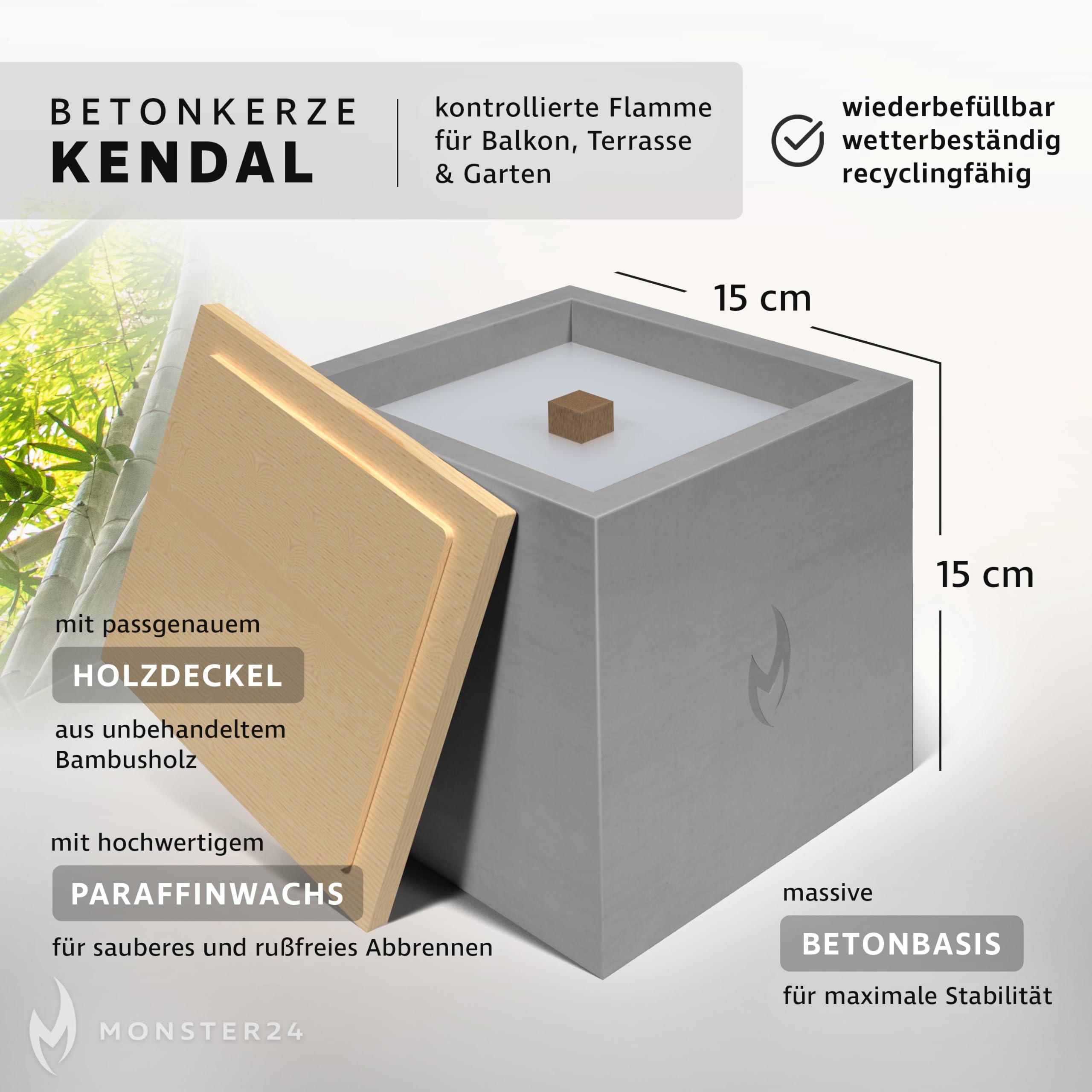 Monster24 Betonkerze Outdoor 15x15x15 cm mit Dauerdocht – Tischfeuer mit Bambusdeckel - Windfestes Gartenlicht, Gartenfackel für Terrasse Balkon - Beton Tischkerze wiederbefüllbar als Outdoor-Deko