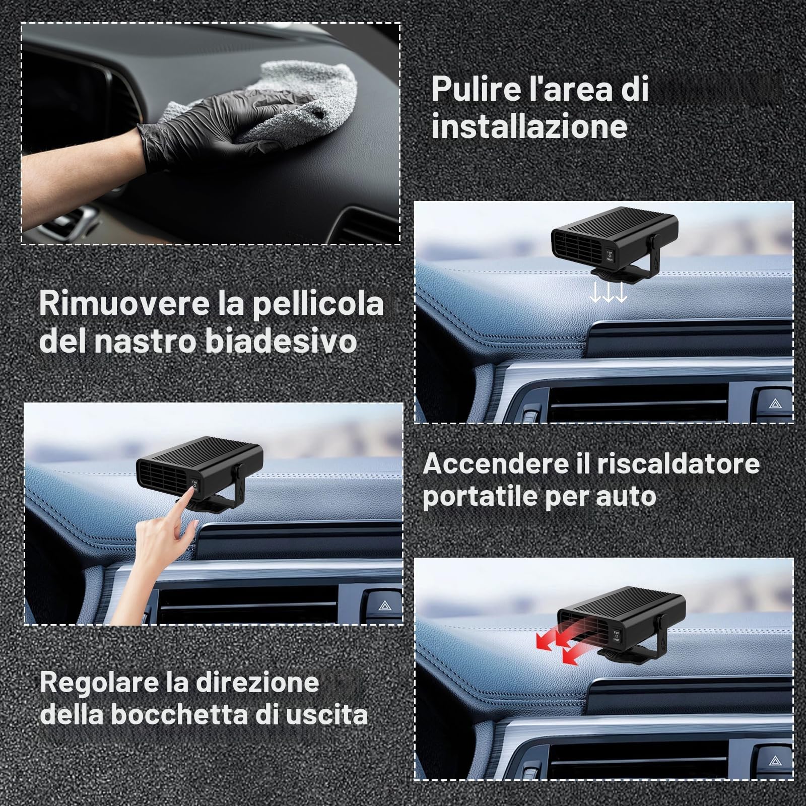 Stufetta Portatile per Auto 12V – Termoventilatore 2-in-1 Riscaldamento/Raffreddamento, Stufetta 12V per Auto 200W, Riscaldamento Rapido 5s, 360° Rotante per Sbrinamento Parabrezza