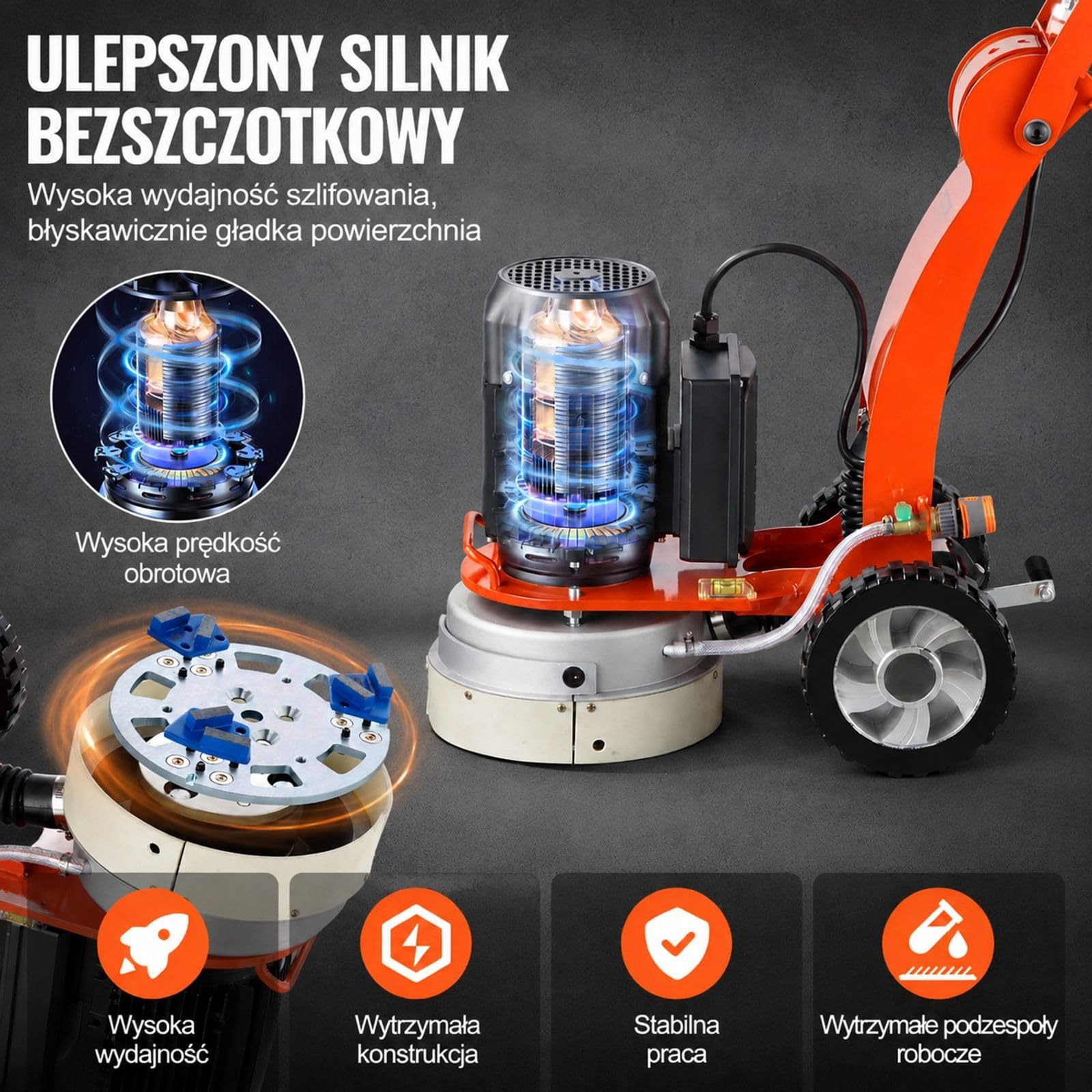 Szlifierka do posadzek betonowych 2200 W 1430 obr/min, silnik bezszczotkowy, praca na mokro i sucho, regulowany uchwyt, pomarańczowa