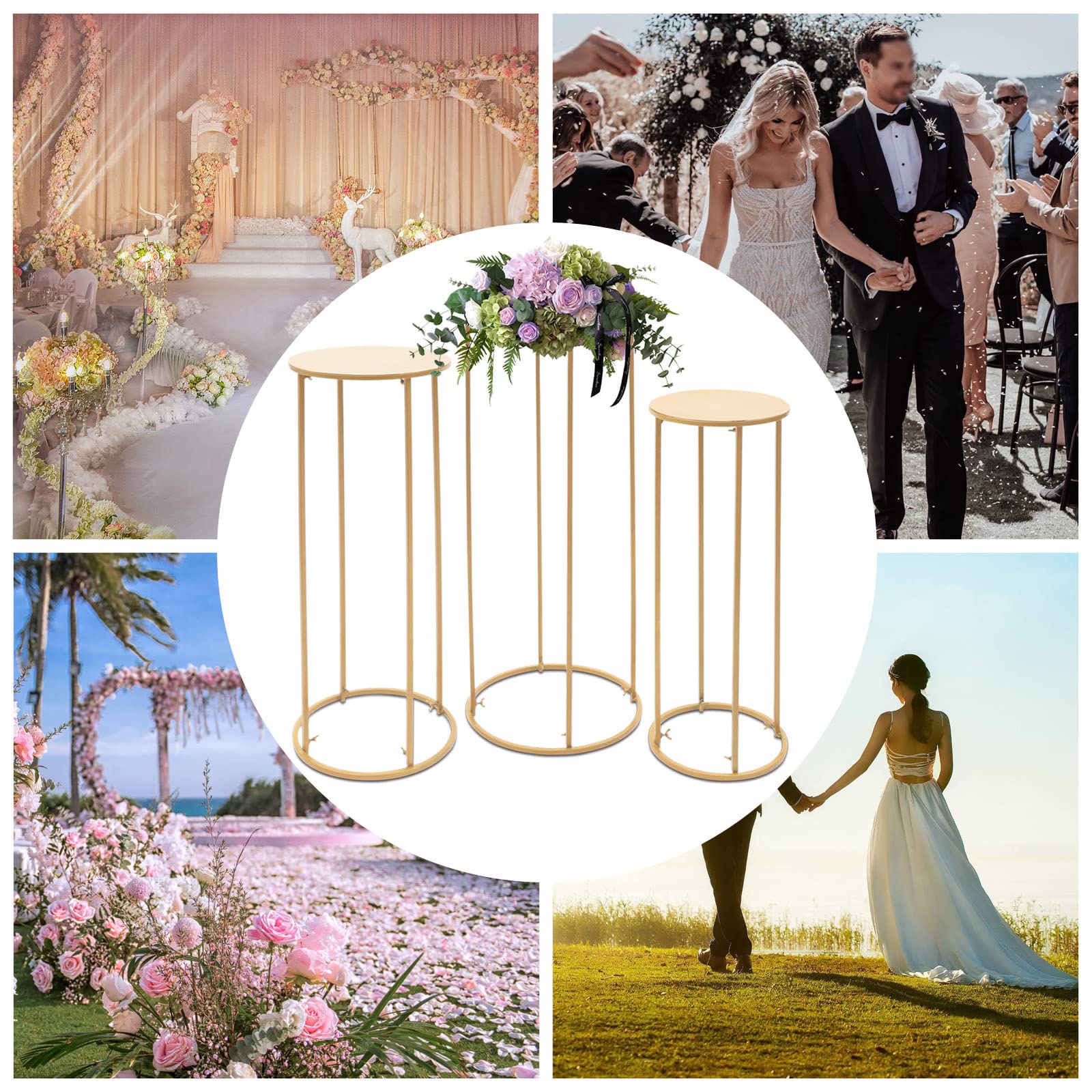 3er Set Zylindrische Blumenständer Gold, Metall Blumenständer Hochzeit, Freistehende Deko-Säulen für Blumen & Ballons, Zeremonie Party Tischdeko, stabil & wiederverwendbar