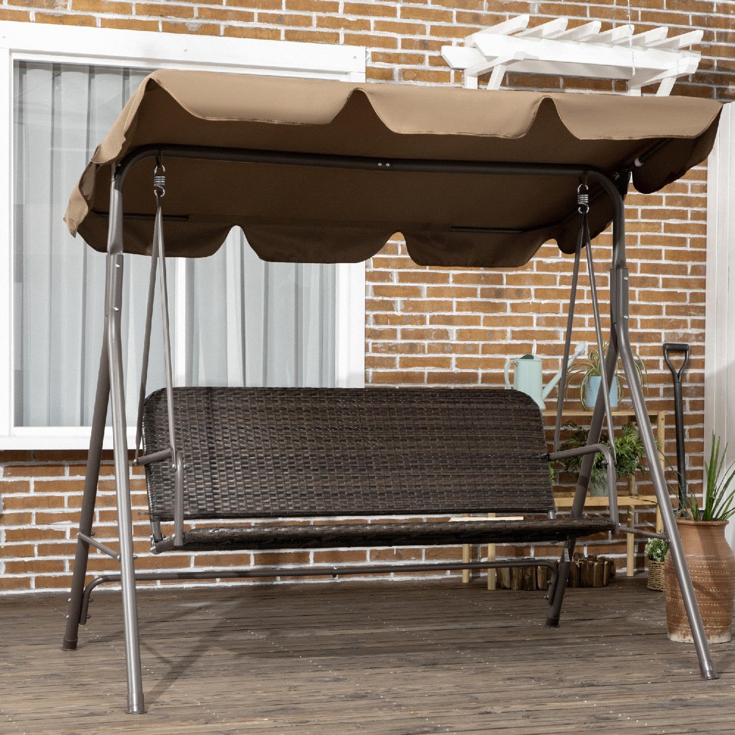 Dondolo da Giardino 3 Posti con Tettuccio Parasole in Acciaio/Rattan PE Dimensioni 167x112x153 cm Colore Marrone