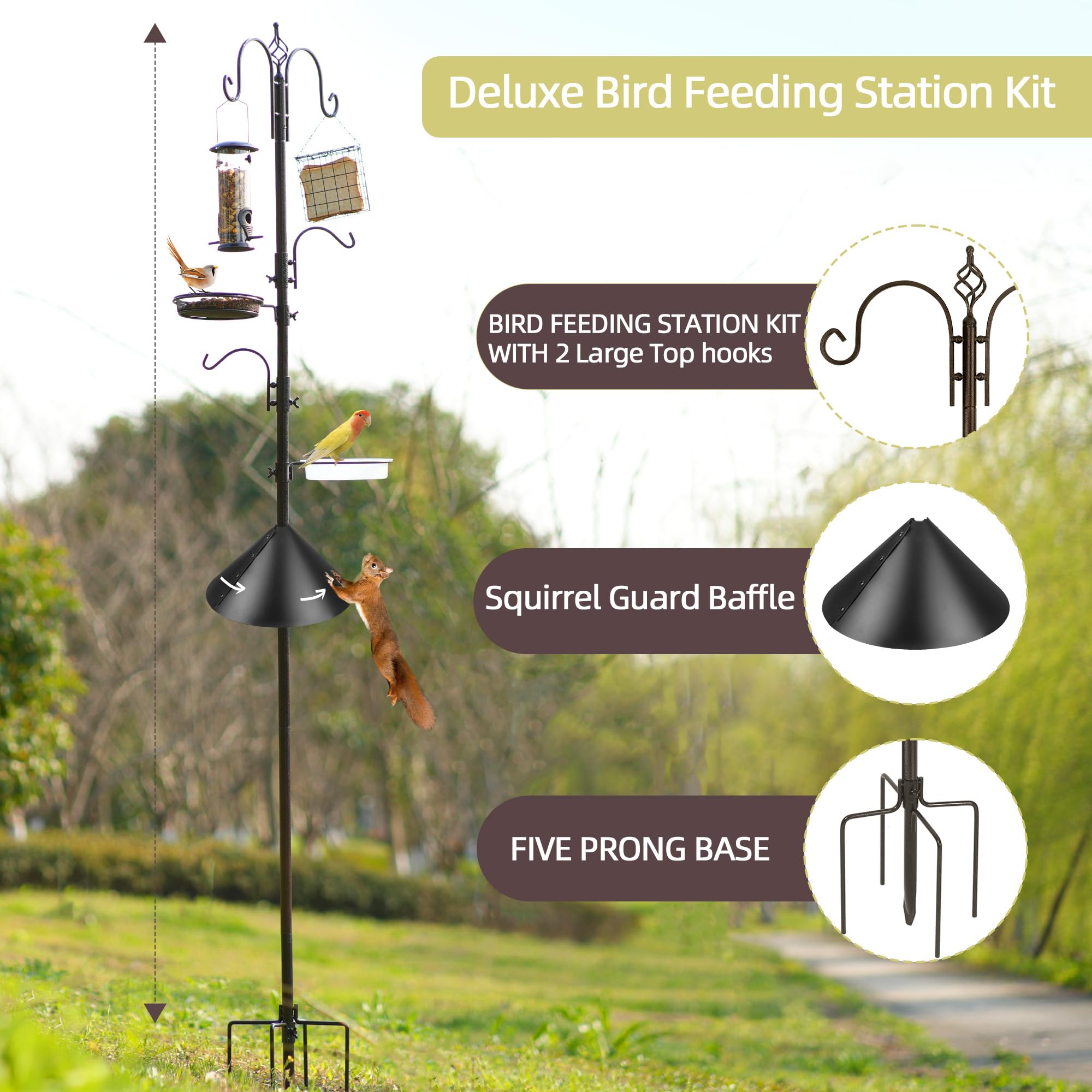 Kit de mangeoire à oiseaux de luxe - Mangeoire à oiseaux sauvages à suspendre avec poteau, mangeoire multiple, cage à graisse, support pour plantes et chicane anti-écureuil pour attirer les oiseaux