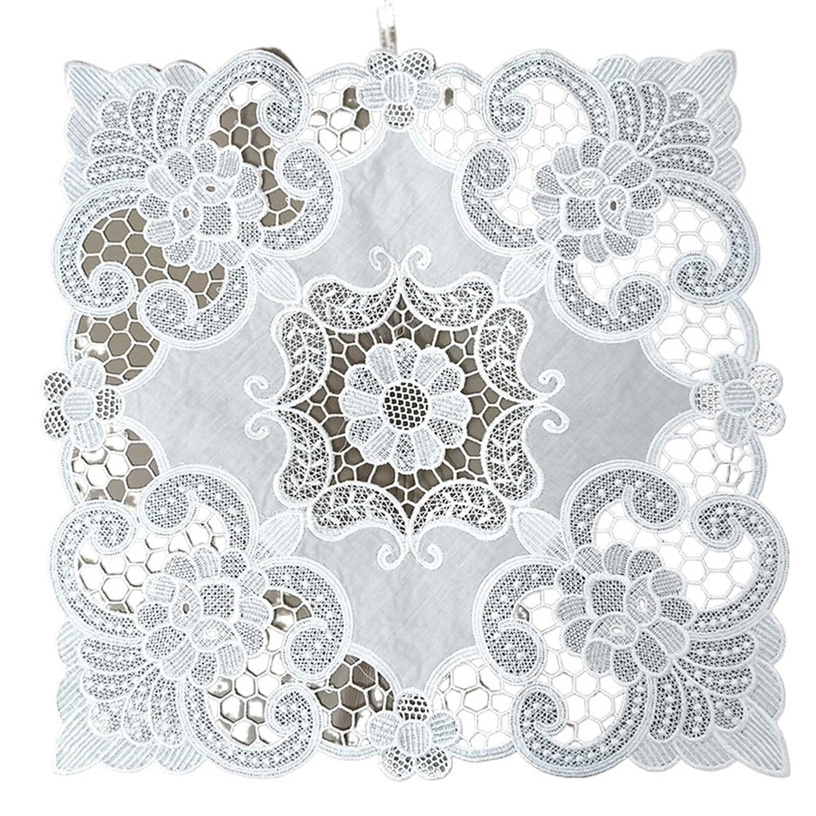 Nappe Florale en Dentelle Blanche anti-rayure : lot 3 tapis carrés 40x40 de table brodés