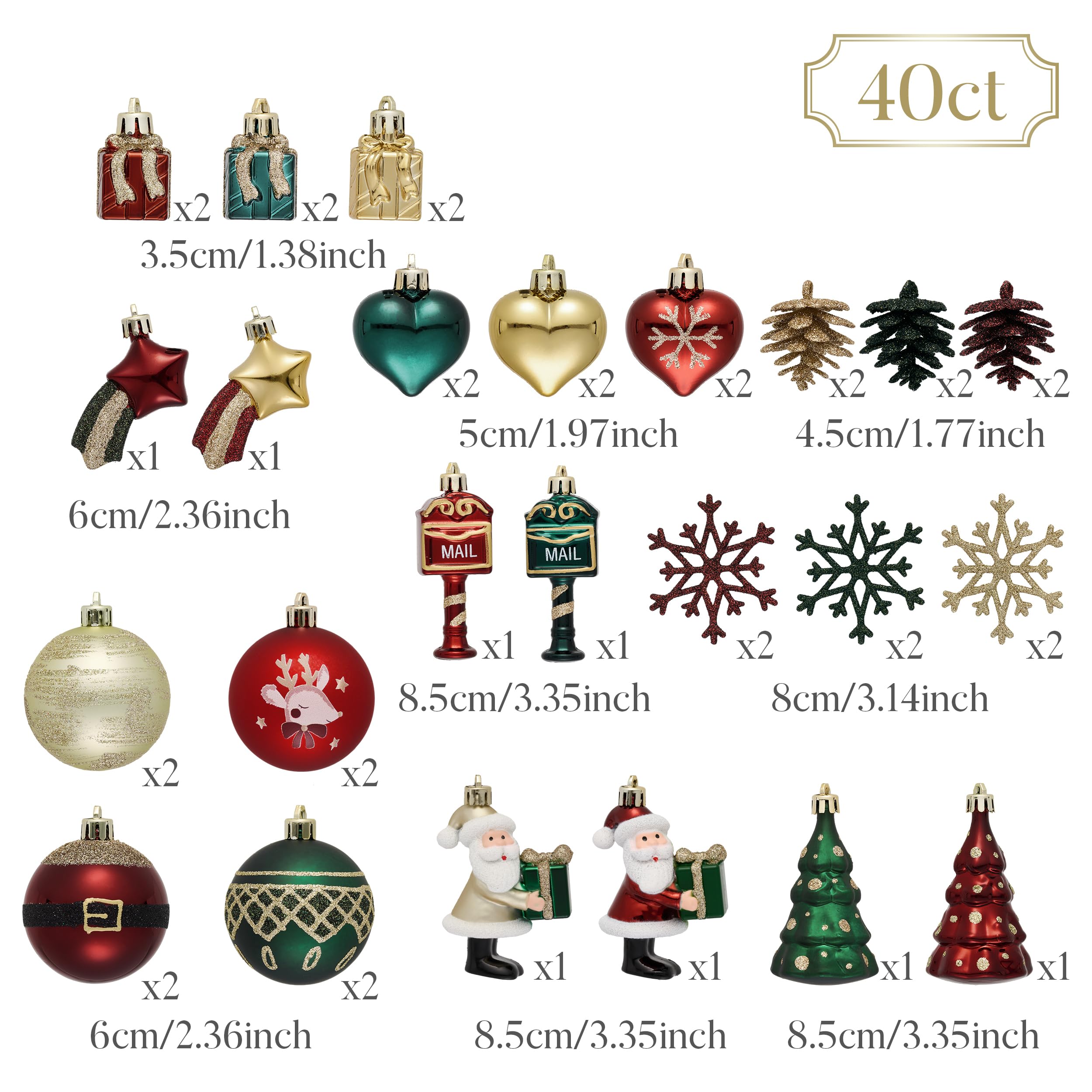 Valery Madelyn Lot de 40 boules de Noël avec paquet cadeau - Décoration de sapin de Noël avec crochet de suspension - Rouge vert doré