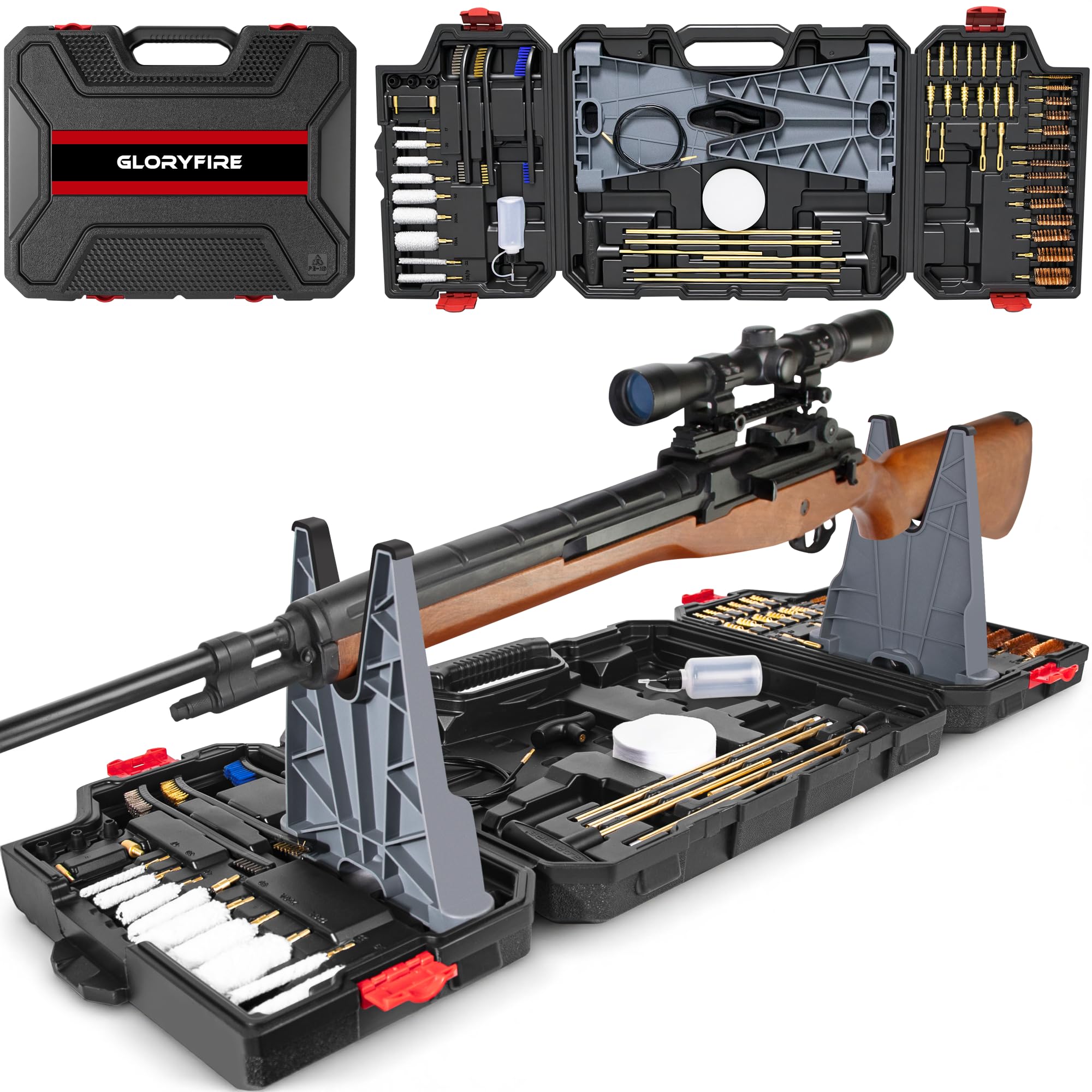GLORYFIRE Elite Gun Cleaning Kit Universal Gun Cleaner for Shotgun, Pistol with Plastic Gun Holder, Reinforced and Lengthened Rods and Steel Wire, Gifts for Men, Dad, Husband