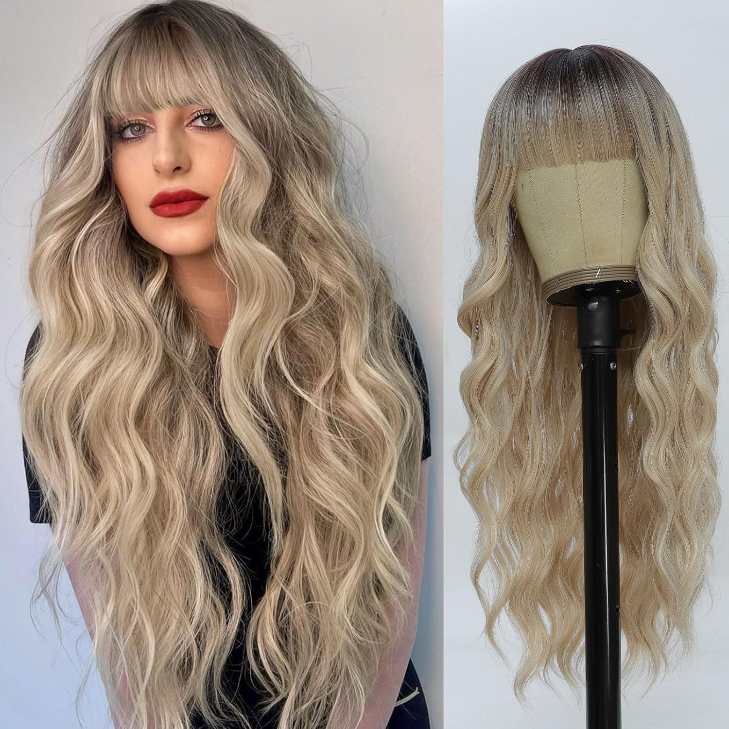 Long Ombre Blonde Wig with Bangs for Women Dirty New Zealand