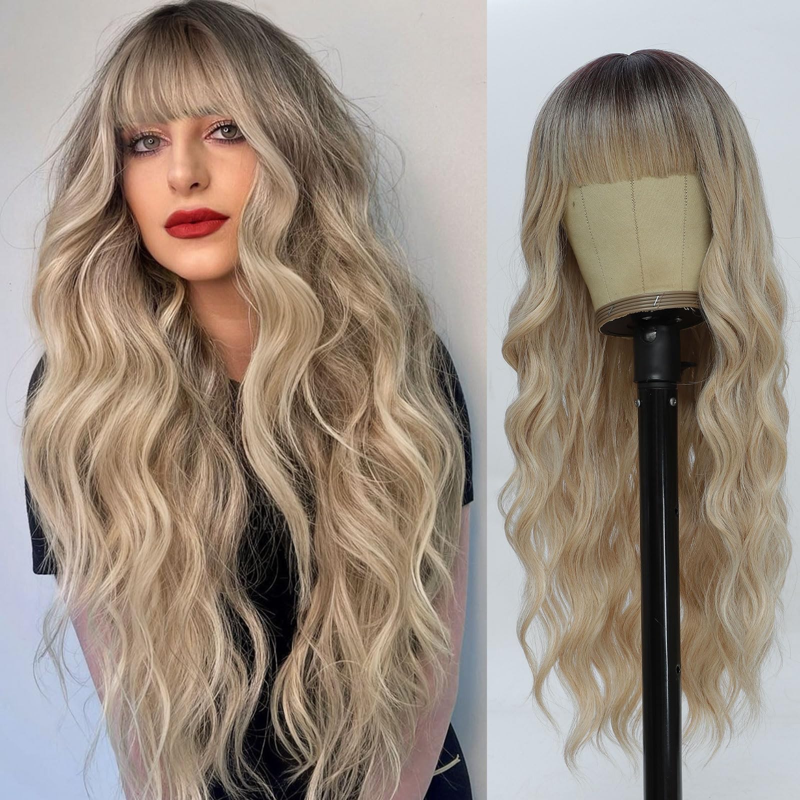 Amazon.com : QYDEERY Long Ombre Blonde Wig with Bangs for