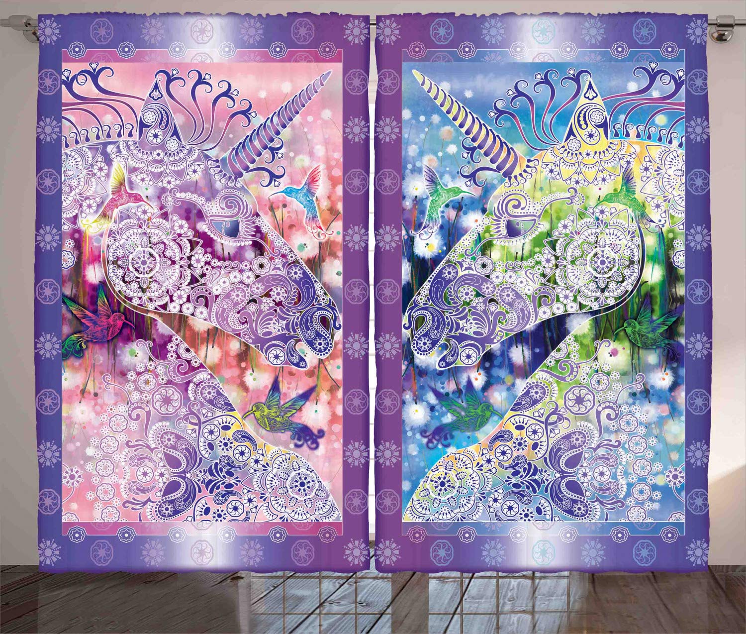 ABAKUHAUS Einhorn Rustikaler Gardine, Myhtical Pferde Blumen, Schlafzimmer Kräuselband Vorhang mit Schlaufen und Haken, 280 x 225 cm, Lila Rosa