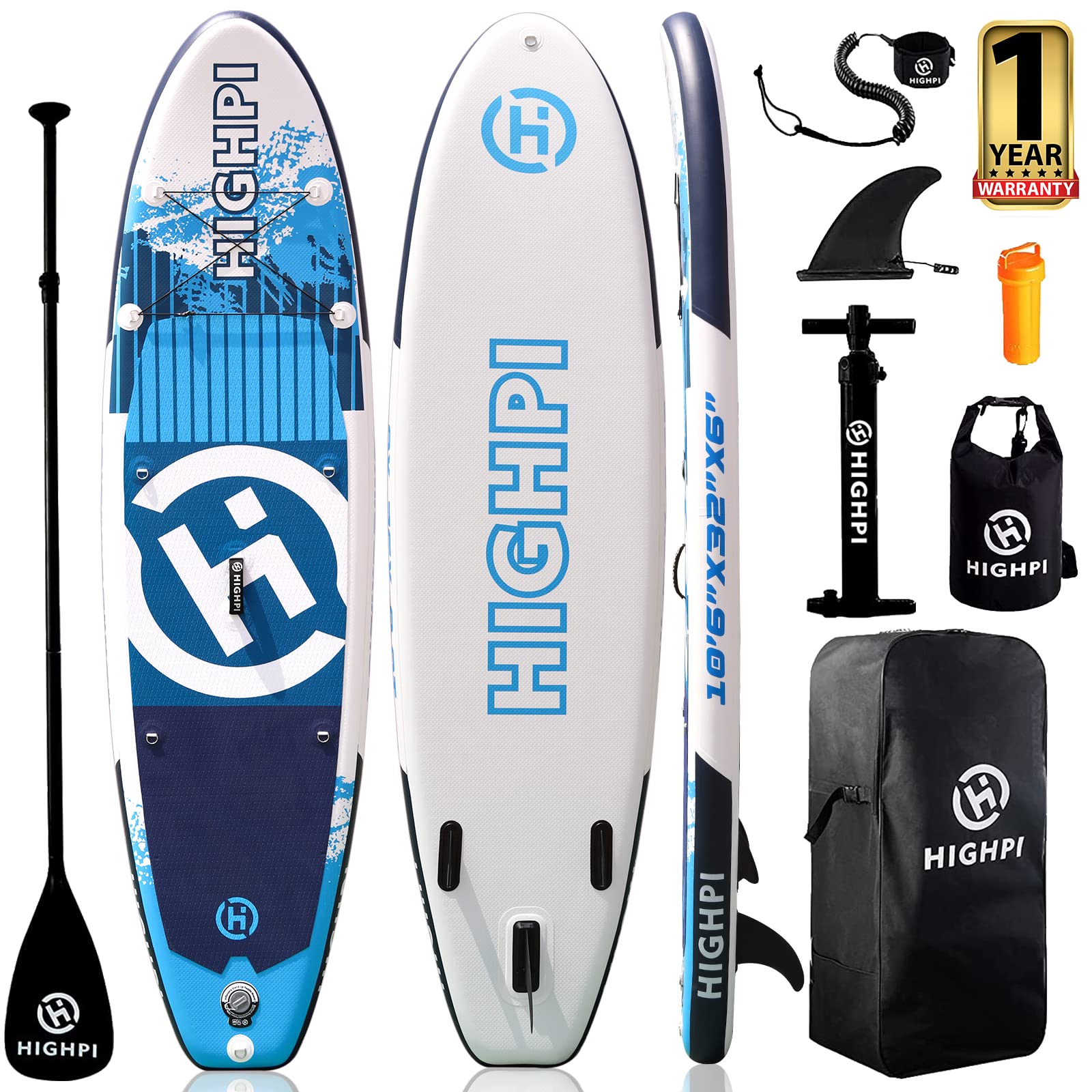 Highpi Inflatable Stand Up Paddle Board 10'6''x32''x6''W Premium SUP Accessories & Backpack, Wide Stance, Surf Control, Non-Slip Deck, Leash, Paddle and Pump, Standing Boat for Youth & Adult