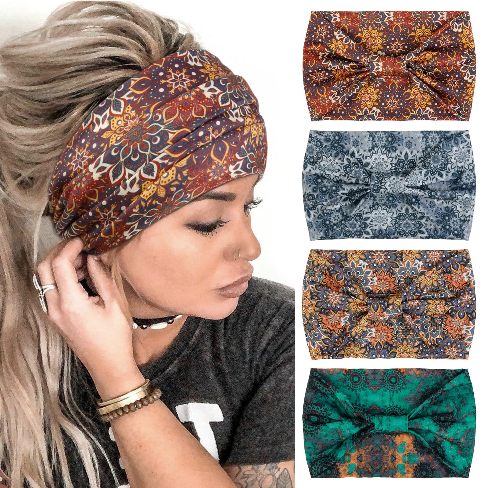 Floral Cute Bright Knotted Head Wraps Turbans Style Head Bands Hair Accessories… 12 Pack Wide Knot Headbands for Women - Elastic Turban Boho  main image 4