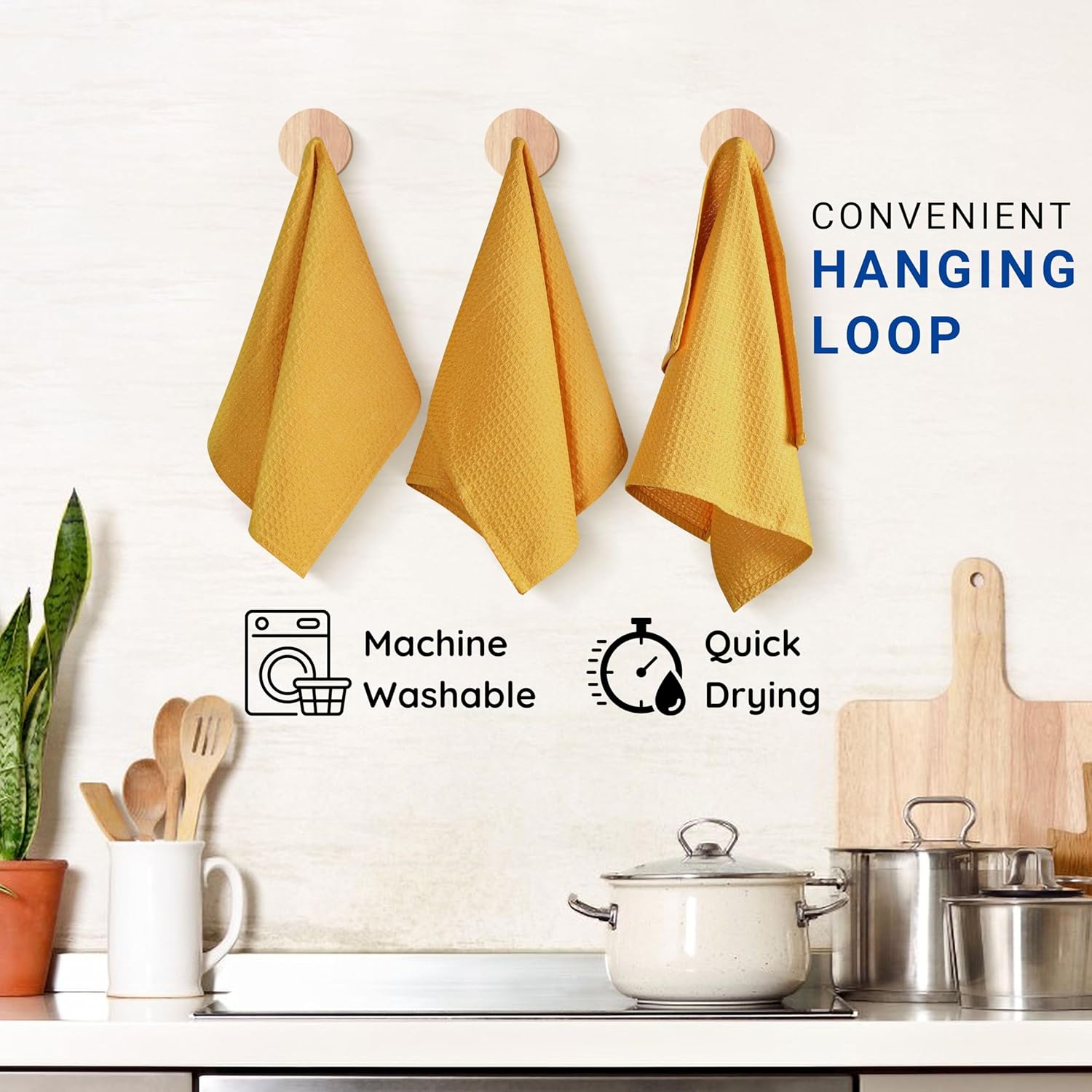 TWINY threads Mustard Yellow Kitchen Towels Set of 12 - Soft, Absorbent 100% Cotton Waffle Weave Dish Towels - Absorbent, Fast Dry Hand Towels with Loop for Fall Decor & Dining - 16"x26"