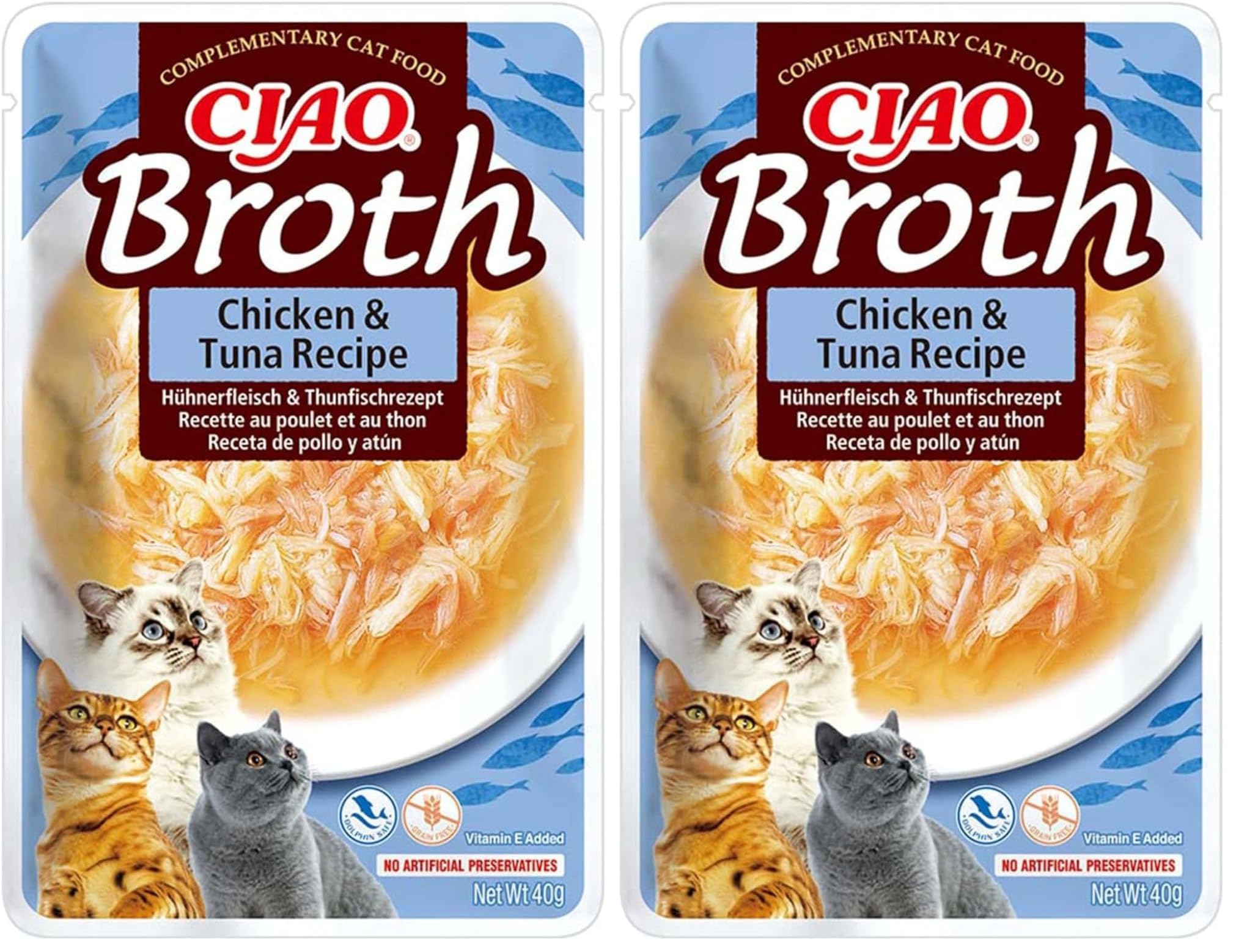 INABA Ciao Broth Katzenfutter Nass 88% Feuchtigkeit und Vitamin E, Premium Katzensuppe mit Huhn & Thunfisch 40 g (2er Pack), 100% natürliches Fleisch, Getreidefrei, Zuckerfrei