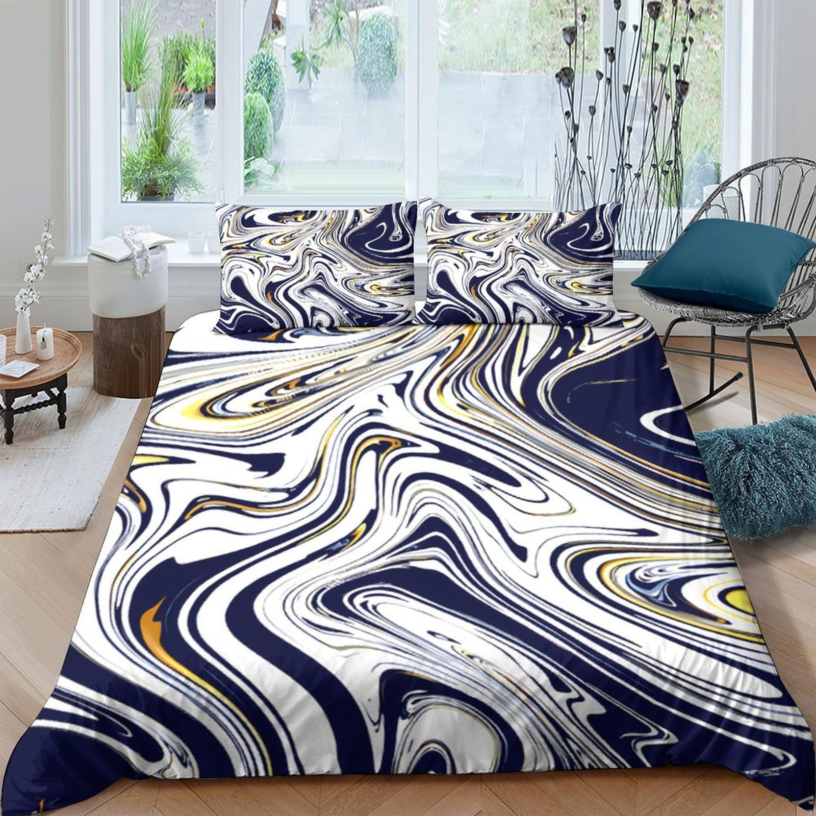 Ctjqhvkz Style-1 3D Printed Marble Swirl Fitted Sheet Microfiber Soft Navy Gold Abstract Mattress Cover For Bedroom Decor Protection Single（135X200cm）