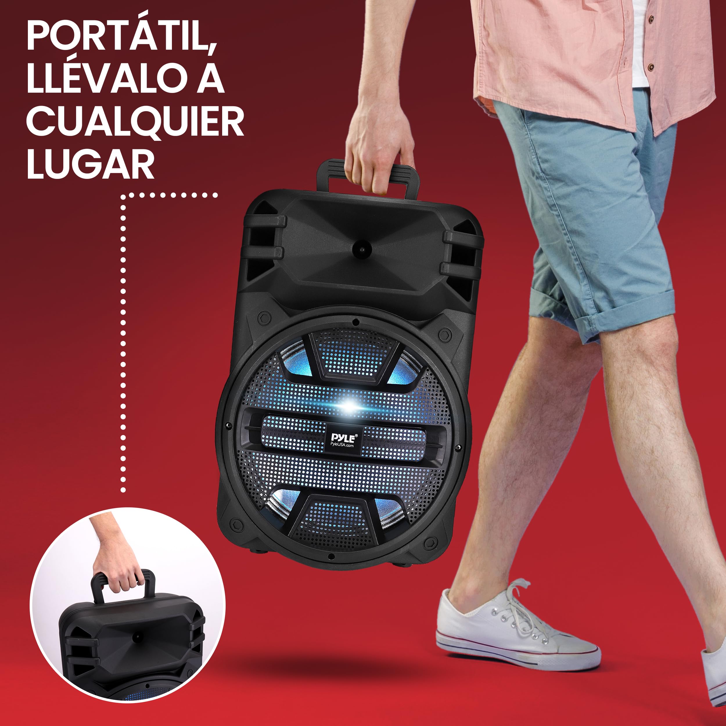 Pyle Altavoz Bluetooth Portátil de 30 cm - 800 Vatios - Altavoz de Karaoke con Luces LED DJ Más Recientes, Entradas USB/FM/BT/Aux/Control Remoto/Entrada para Micrófono y Batería Recargable Incorporada