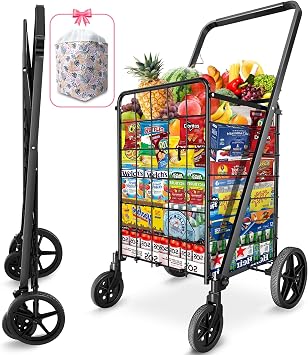 Folding Shopping Carts for Groceries,220lb Rolling Utility Cart with Wheel | Heavy-duty frame with liner bag, 360 swivel wheels and foldable design for groceries, laundry, office and daily transport.