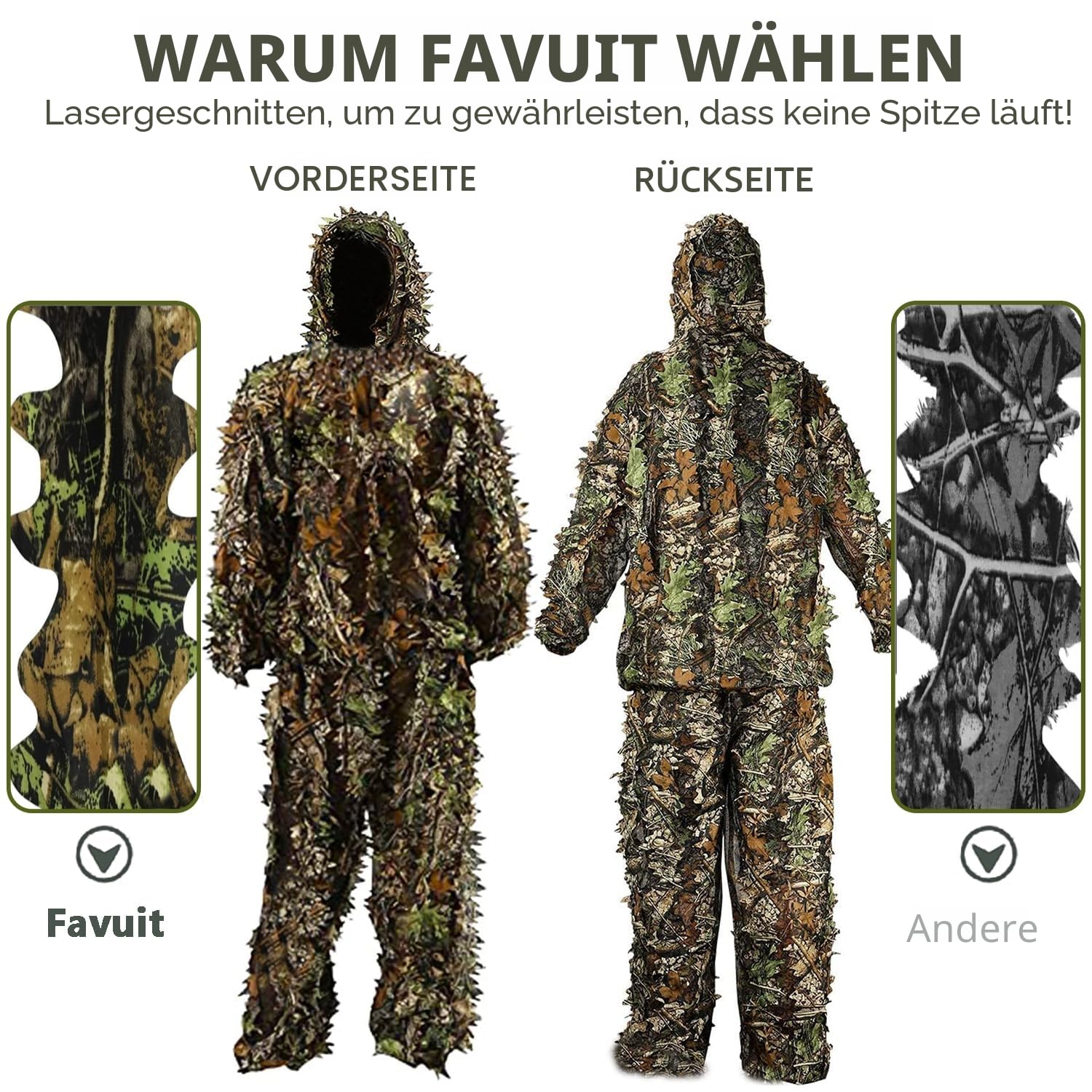Favuit 3D Ghillie Tarnanzug, Dschungel Kostüm Ghillie Suit Camouflage Anzug Woodland Tarnkleidung für Buschjagd Tierfotografie Jagd Verdeckt Festschmuck