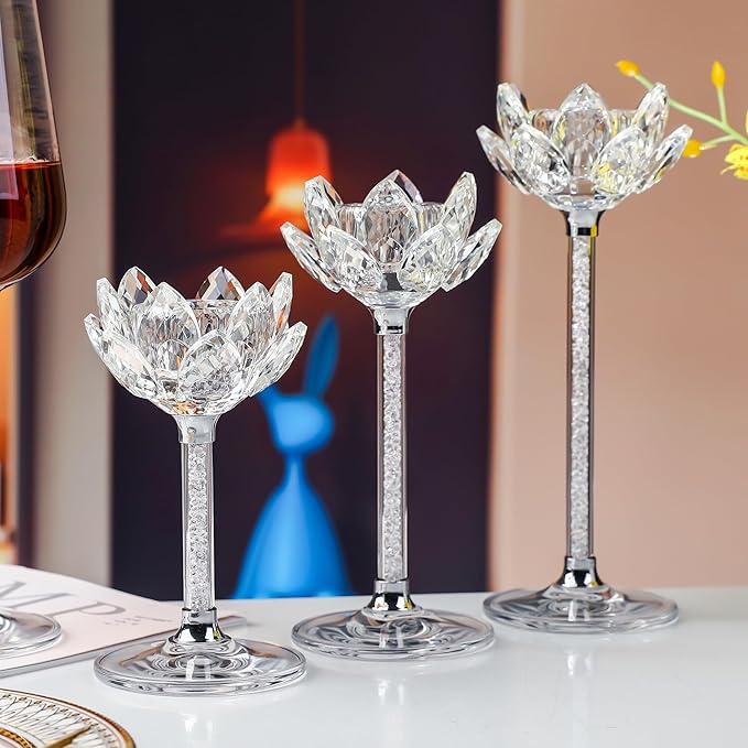 Lotus Crystal Candlestick Holders Set of 3 Clear Glass Candlestick Holders Filled with Silver Diamond Great for Altar Windowsill Home Decor Christmas Wedding Party Supplies (White)